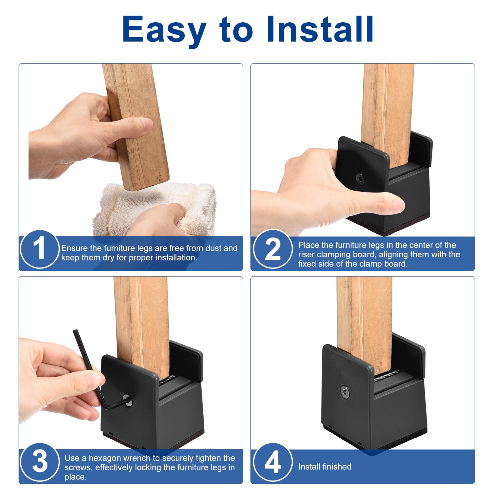 uxcell Elevadores de cama de 4 pulgadas con abrazadera de tornillo ajustable, 4 elevadores de muebles para cama, escritorio, sofá, mesa, apto para muebles de grosor de 0.4 a 1.97 pulgadas, soporta