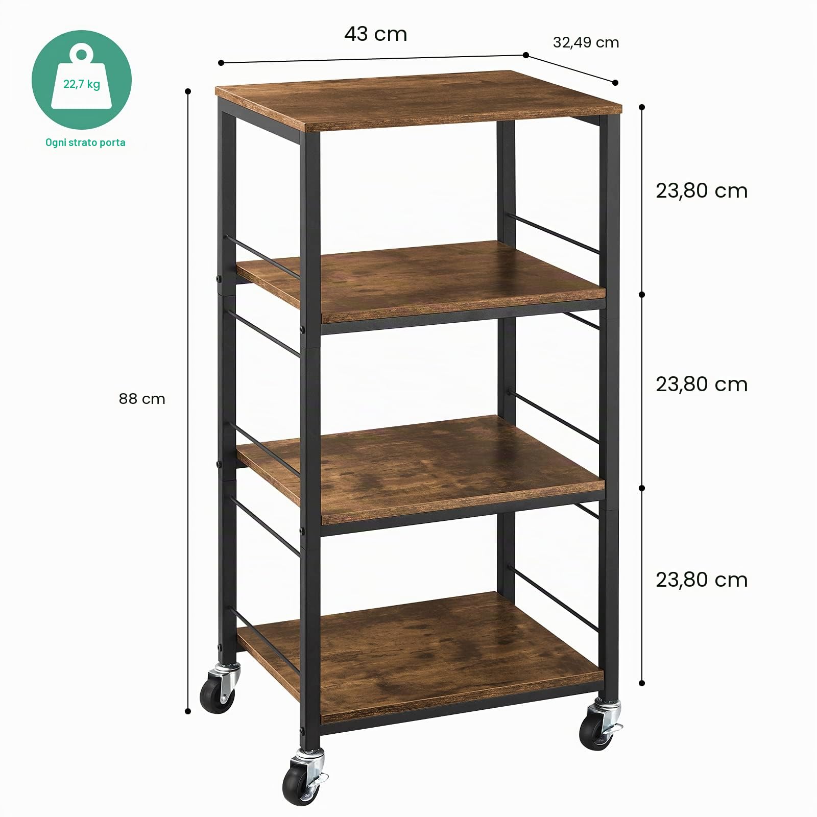 Kitchen Island Carrello su ruote 4 ripiani per panettiere da cucina Carrello portaoggetti in legno, comodino per camera da letto con portaoggetti, forno a microonde, scaffalature per ufficio marrone