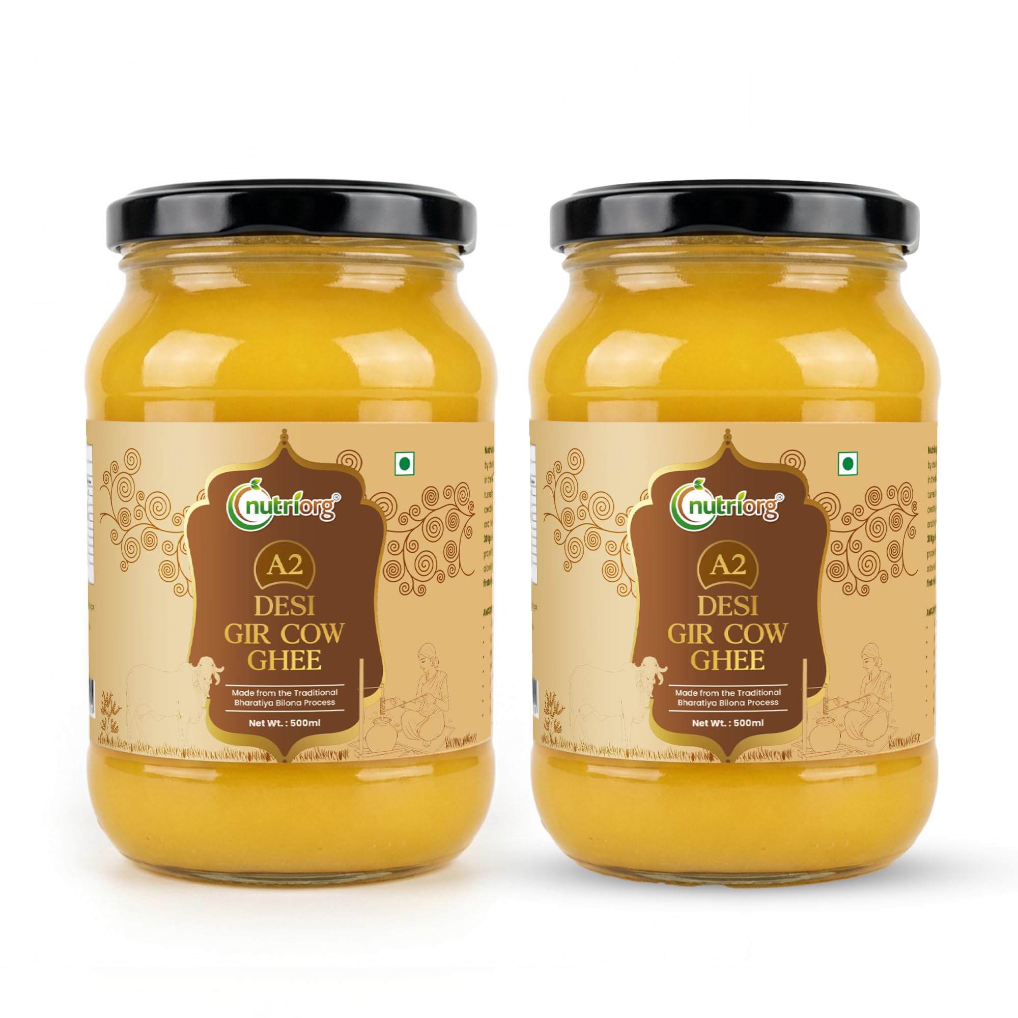 Nutriorg A2 Gir Cow Ghee | Vedic Bilona Method | 100% Pure A2 Ghee from Grass-Fed Gir Cows | Rich in Vitamins A, D, E & K | Hand-Churned, Nutrient-Rich, Non-GMO, Lab Certified | Premium Desi Ghee with Authentic Aroma & Flavor (500 ml pack of 2) 1 Litr