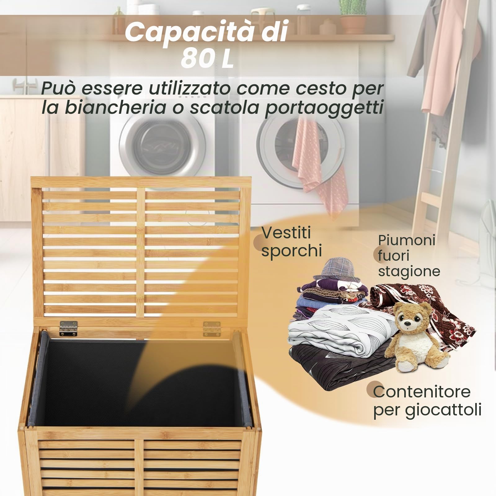 FANTASK Cesto portabiancheria con coperchio, grande, 80 l, in bambù, con sacco per la biancheria, rimovibile e lavabile, per bagno, camera da letto, soggiorno