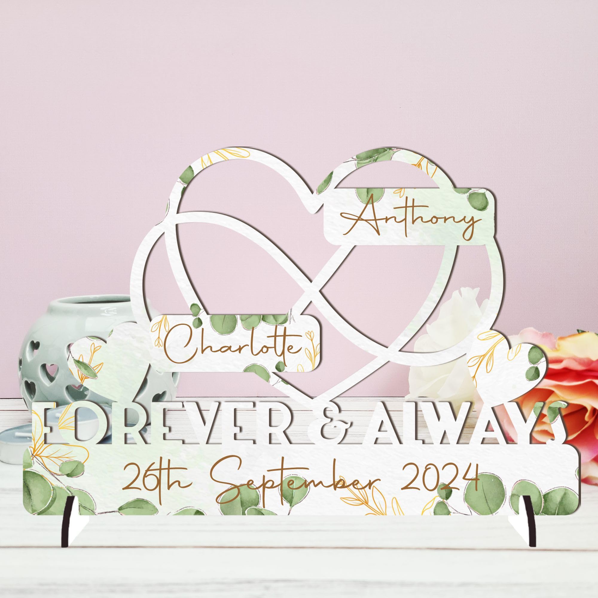 Personalised Forever & Always Infinity Heart Sign Wedding Anniversary Sign - Customised with Couple's Names and Marriage Date - Gift for Him, Her, and Couples - 20cm x 13cm (Green Floral)