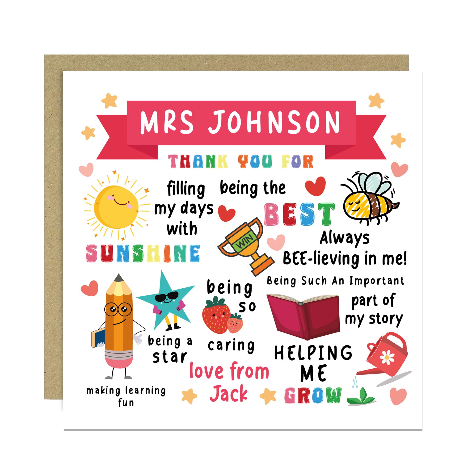 RED OCEAN Personalised Teacher Thank You Card Teacher Appreciation End of Term Leaving School Nursery Cards TA Teaching Assistant Cards