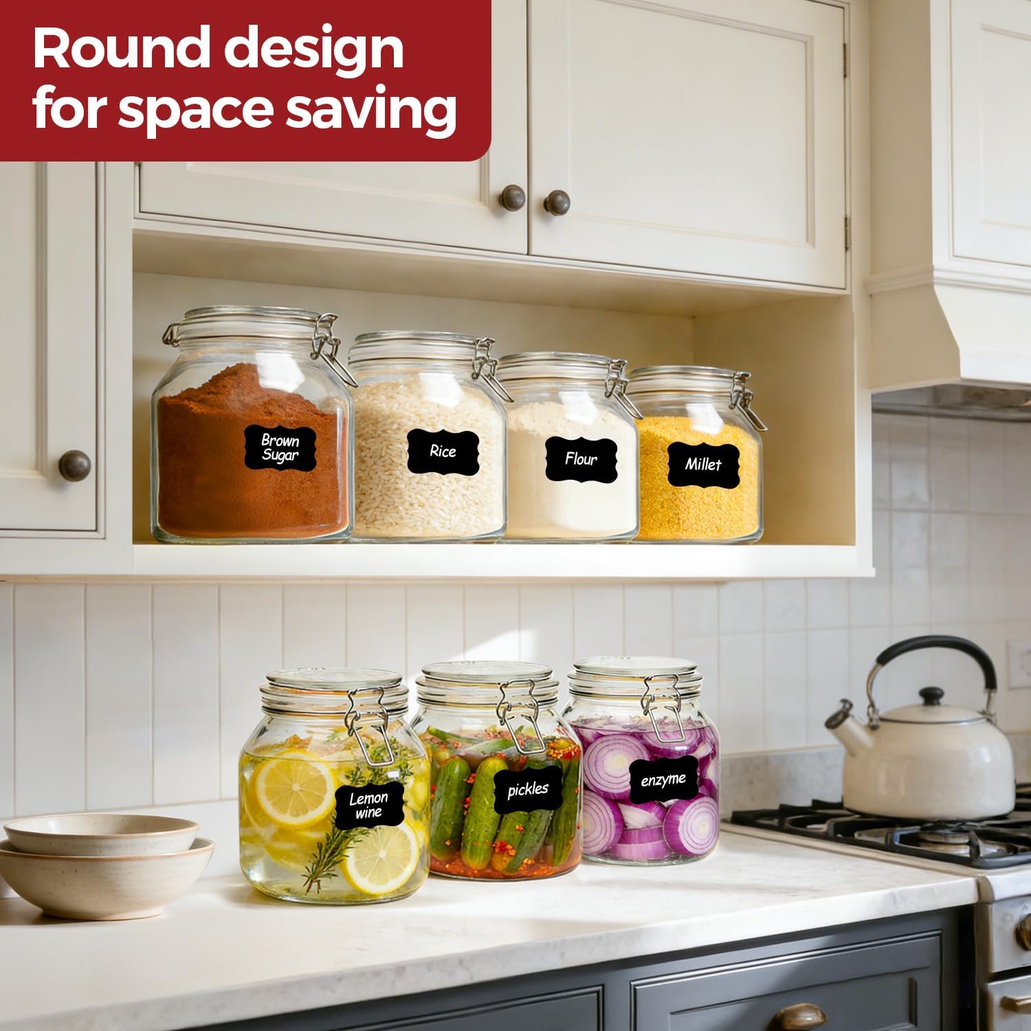 0.6 Gallon 2 Pack Wide Mouth Glass Jars with Airtight Lid – Includes 1 Cup & 0.5 Cup Measuring Scoops & Labels, Ideal for Flour, Sugar, Coffee, Cereal, Rice & Dry Goods | Thick Glass, BPA-Free