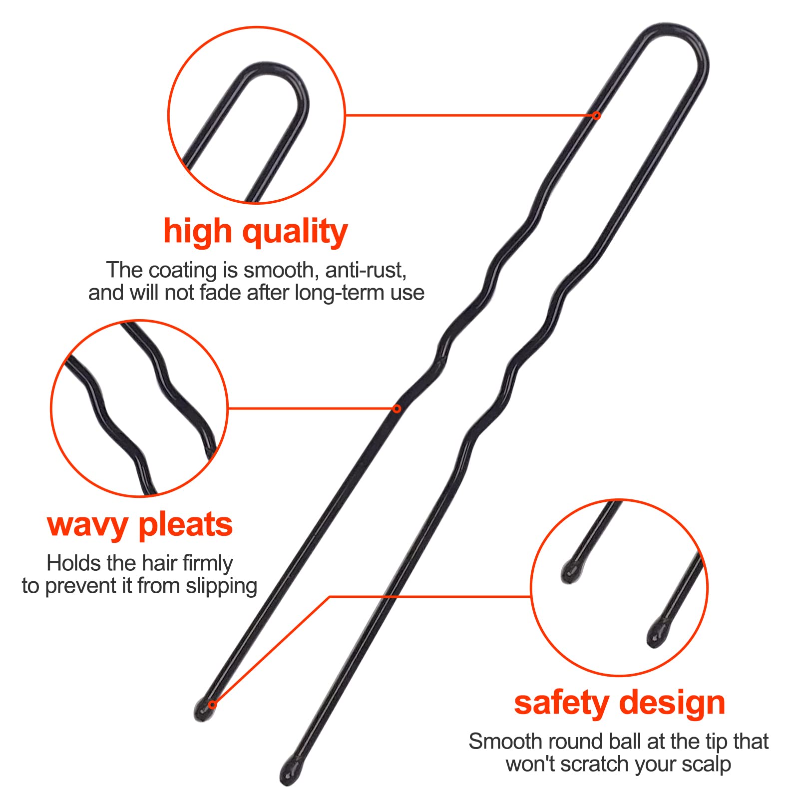 Uootach 200 Piezas Horquillas para el Pelo, 6 cm Horquillas para el Pelo en U, pasador de pelo ondulado pasador de pelo invisible, Adecuado para horquilla de niñas, peluquería(negro)
