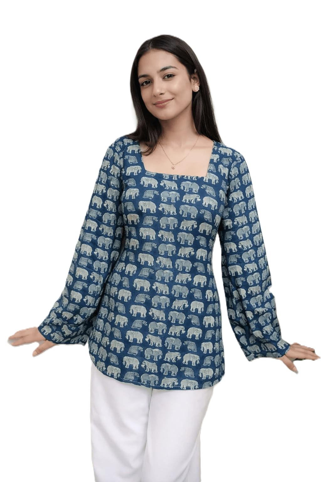 Bonkers Corner Women's Pure Cotton Kurti, Maroon & Blue Elephant Print, Square Neck, Long Bell Sleeves, Back Lace-Up Detail, Casual Wear in blue