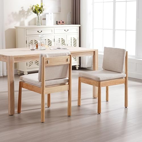 Miniatura 5 de Juego de 2 sillas de comedor de madera, de tela beige, tapizadas, sin brazos, de madera natural
