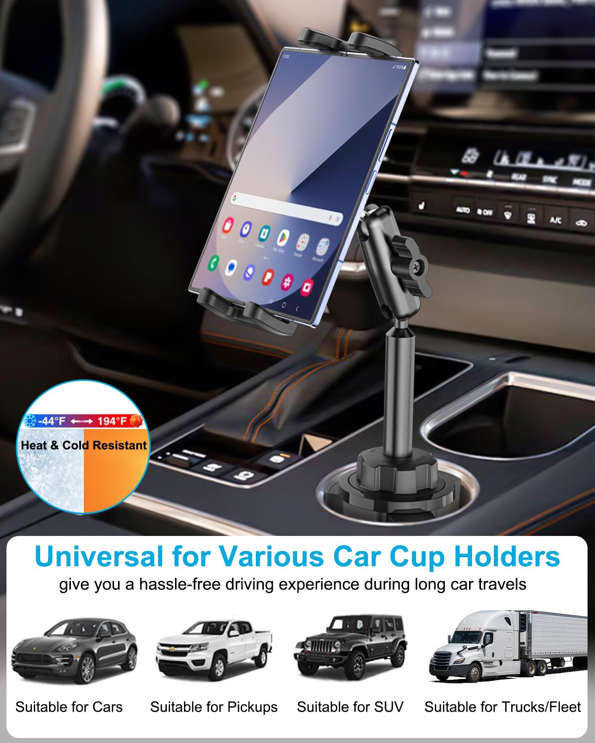 Z Fold Car Mount, [Sturdy Metal Arm] Cup Holder Folding Phone Mount, 360° Adjustable Tablet Phone Stand Truck CupHolder for Galaxy Z Fold 7 6 5 4 3 2, Pixel Fold, Galaxy Tab, 4-13" Device