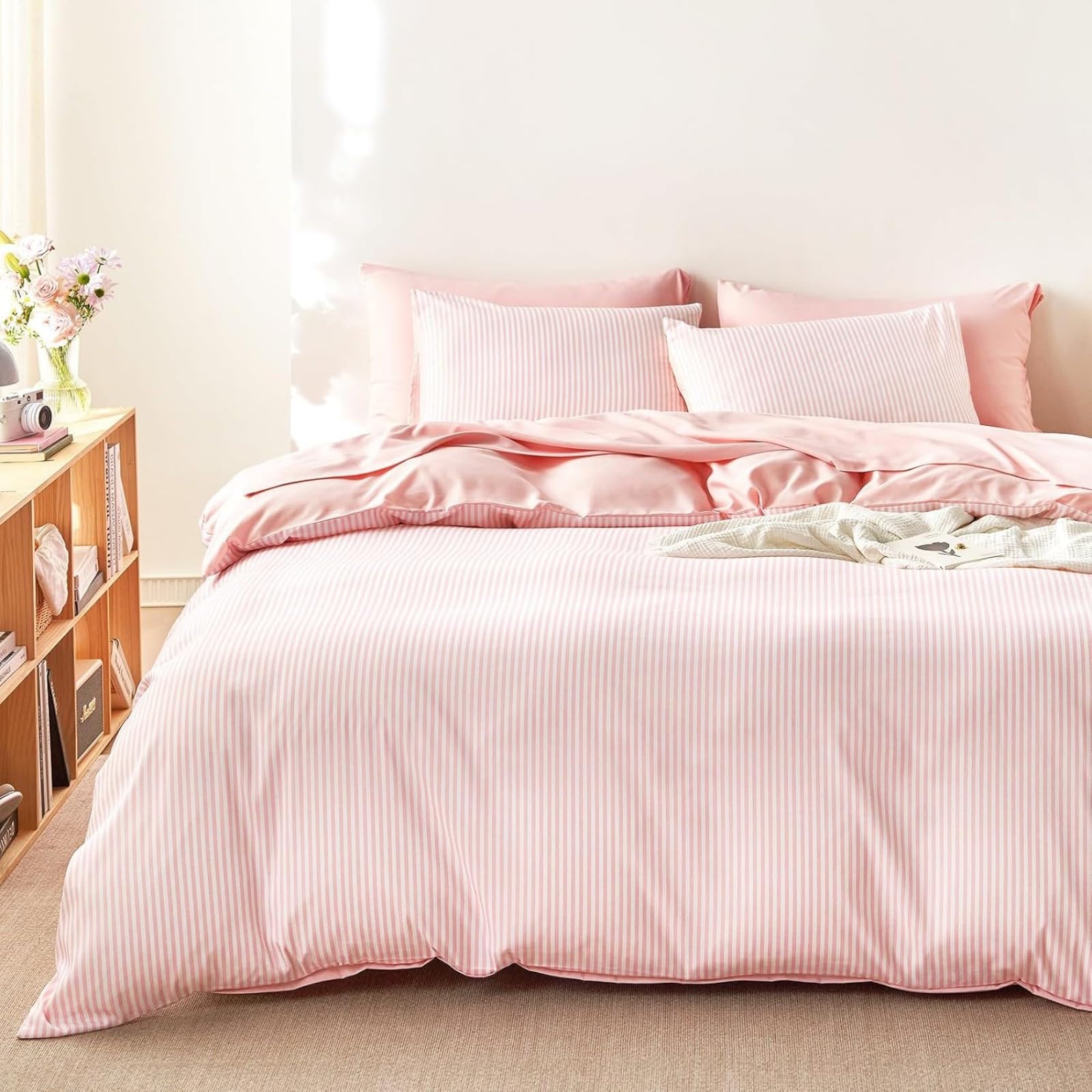 Freyamy Gestreifte Bettwäsche 135x200 Gestreift Rosa Weiß Mädchen Bettwäsche Aesthetic Streifen Bettwäsche-Sets Microfaser ÖKO-TEX Deckenbezug 1 Bettbezug mit Reißverschluss und 1 Kissenbezug 80x80cm