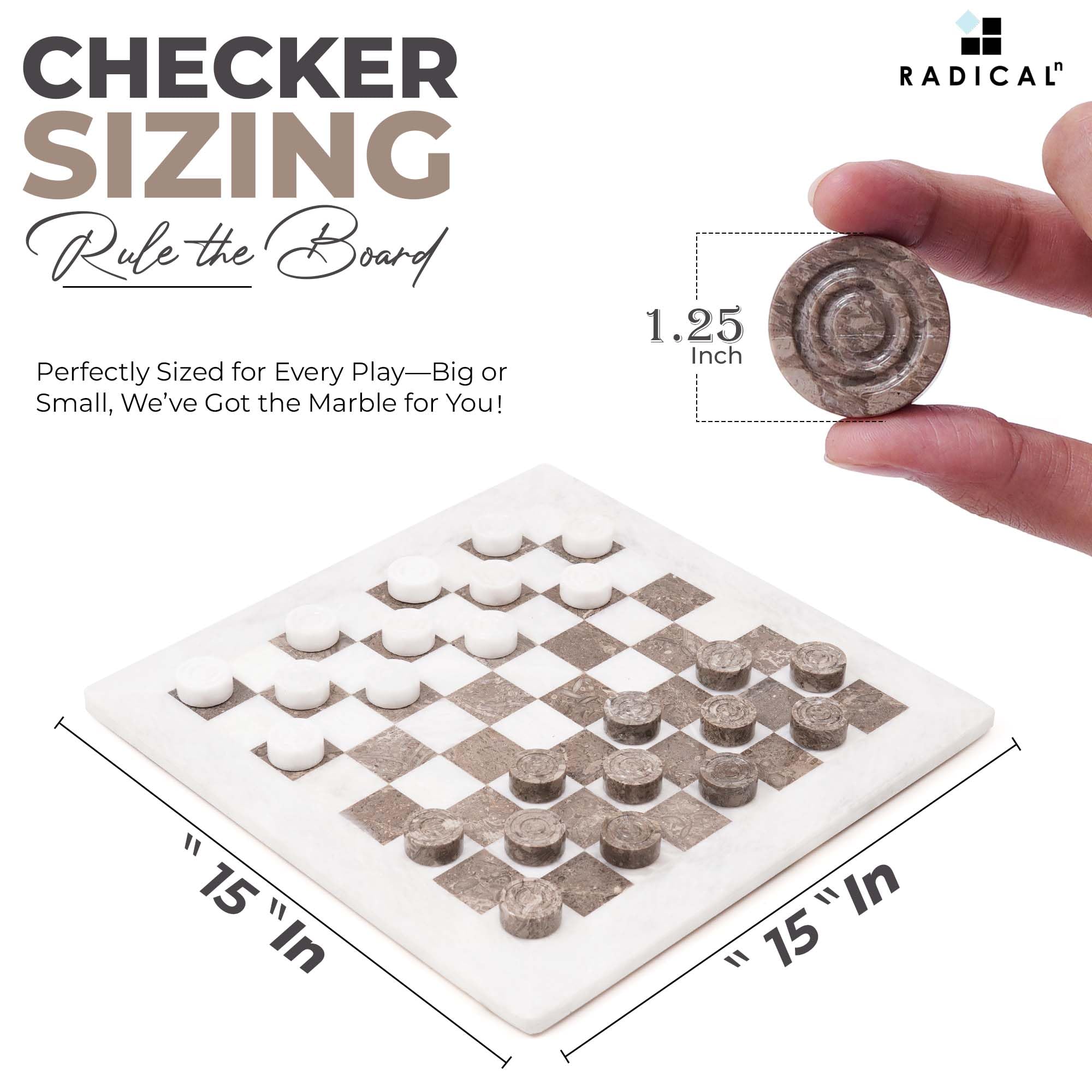 Radicaln Set da dama in marmo bianco e oceanico da 38,1 cm, fatto a mano, gioco da tavolo per adulti, ideale per dama