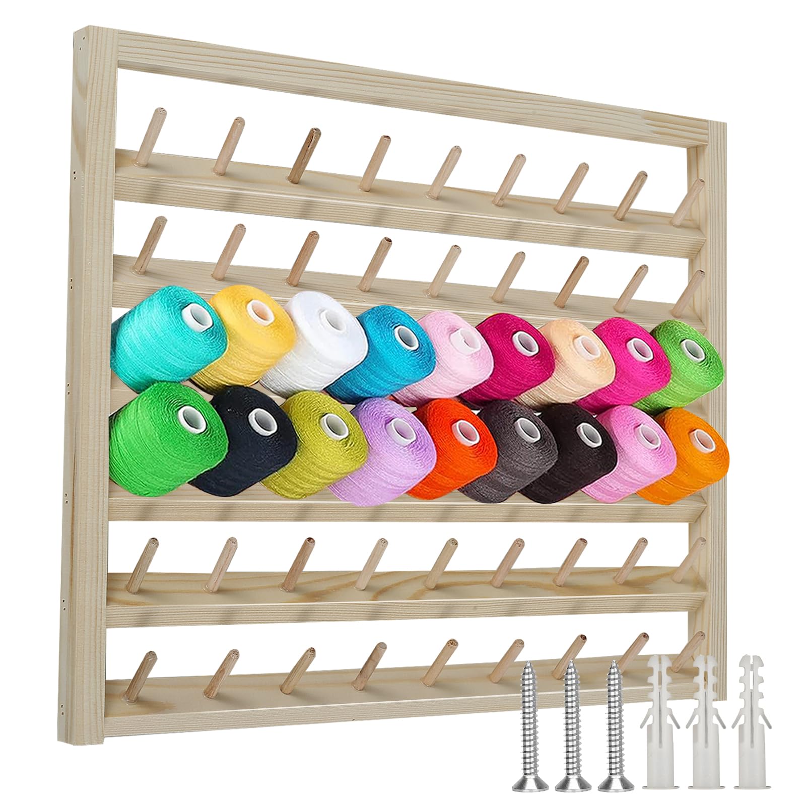 Wooden Thread Holder,54 Spool Wooden Thread Rack Wall Mounted Sewing Thread Holder with Screws Multi Purpose Sewing Thread Holder Organizer for Embroidery Sewing Threads Hair Band US(54 axis)
