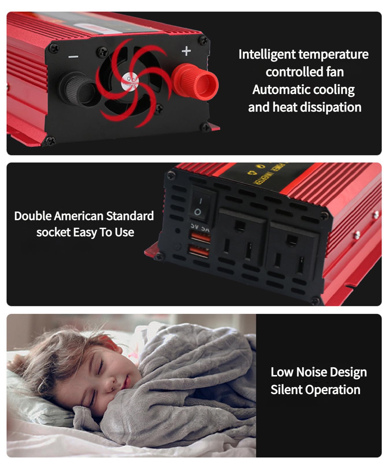 Przetwornica napięcia samochodowego 1000W 3000W szczytowa moc 12V/24V-110V Uniwersalny transformator sinusoidalny Konwerter Zapalniczka samochodowa,Red-1000W