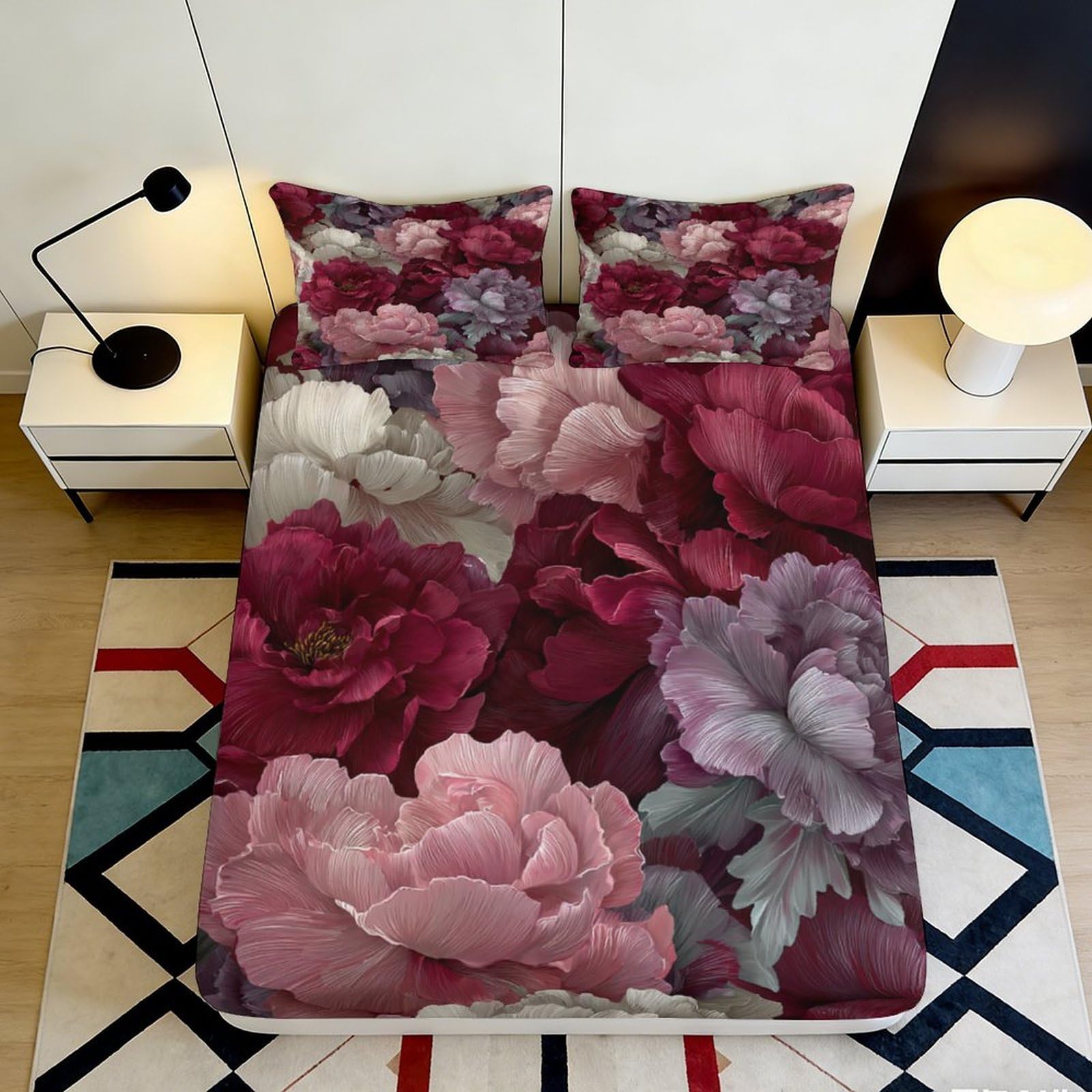 3D Printed Peony Blossom Fitted Sheet Microfiber Soft Floral Bedroom Decor Rose Garden Mattress Cover 90x200x25cm