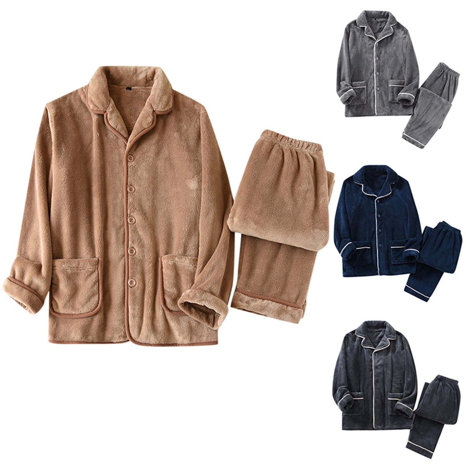 Conjunto de pijama para hombre Flecce, conjunto de pijama cálido, juego de pijama de franela para invierno, extra cálido, pijama para hombre, ropa de dormir mullida con botones