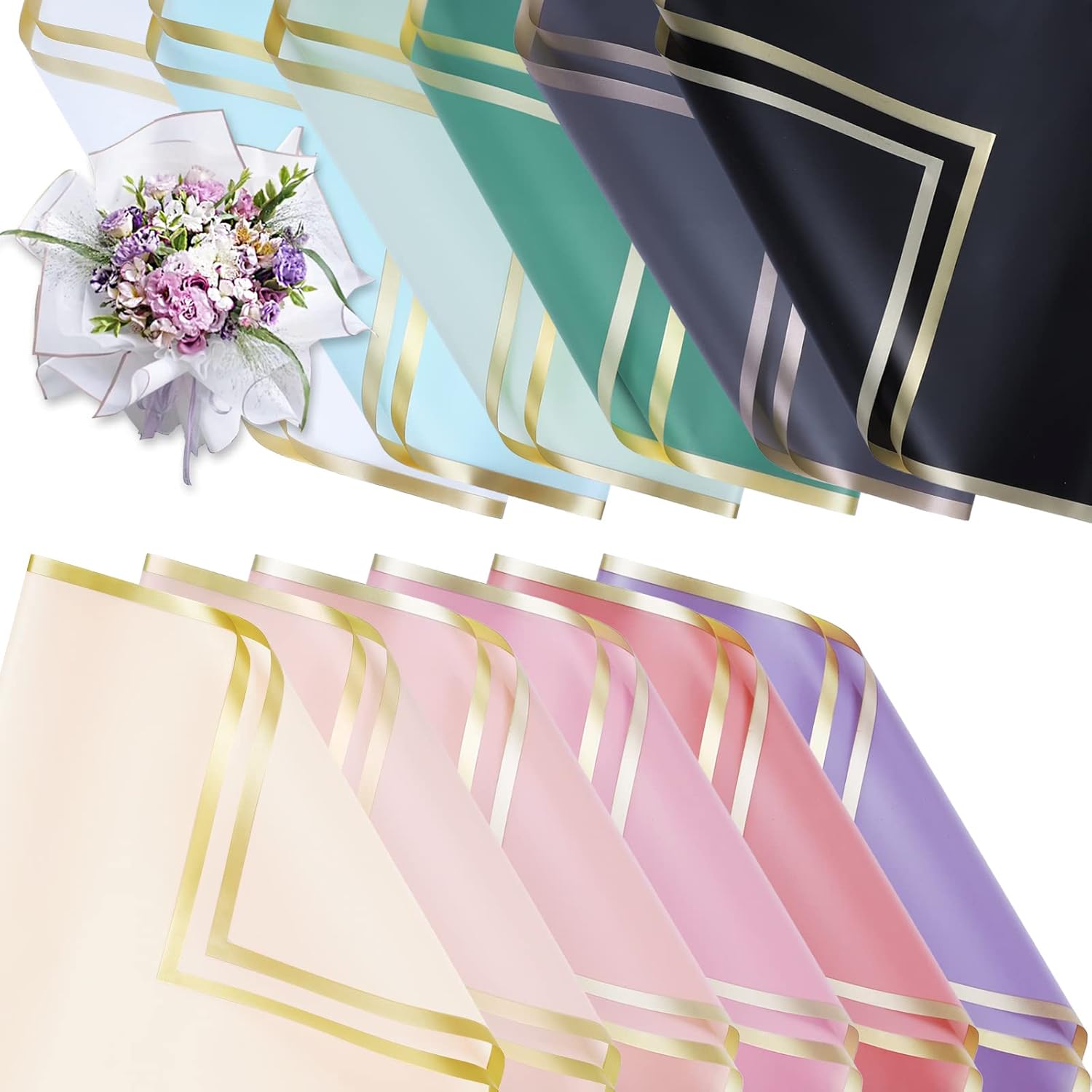Whaline 120 Pcs Floral Wrapping Paper Folded Flat 12 Colors Gold Edge Waterproof Flowers Florist Bouquet Packaging Paper Colorful Wrapping Supplies for Wedding Birthday Mother's Day Shop DIY Craft