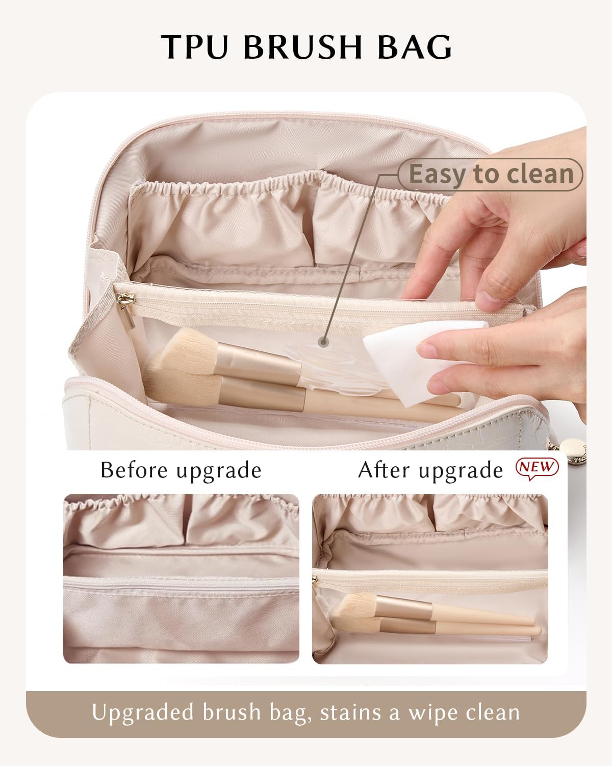 Make Up Bag, Cosmetic Organizer for Women, Waterproof Croc PU Leather Makeup Organizer with Divider and Handle Toiletry Bag Travel Bag(Croc Embossed, White) - Image 4