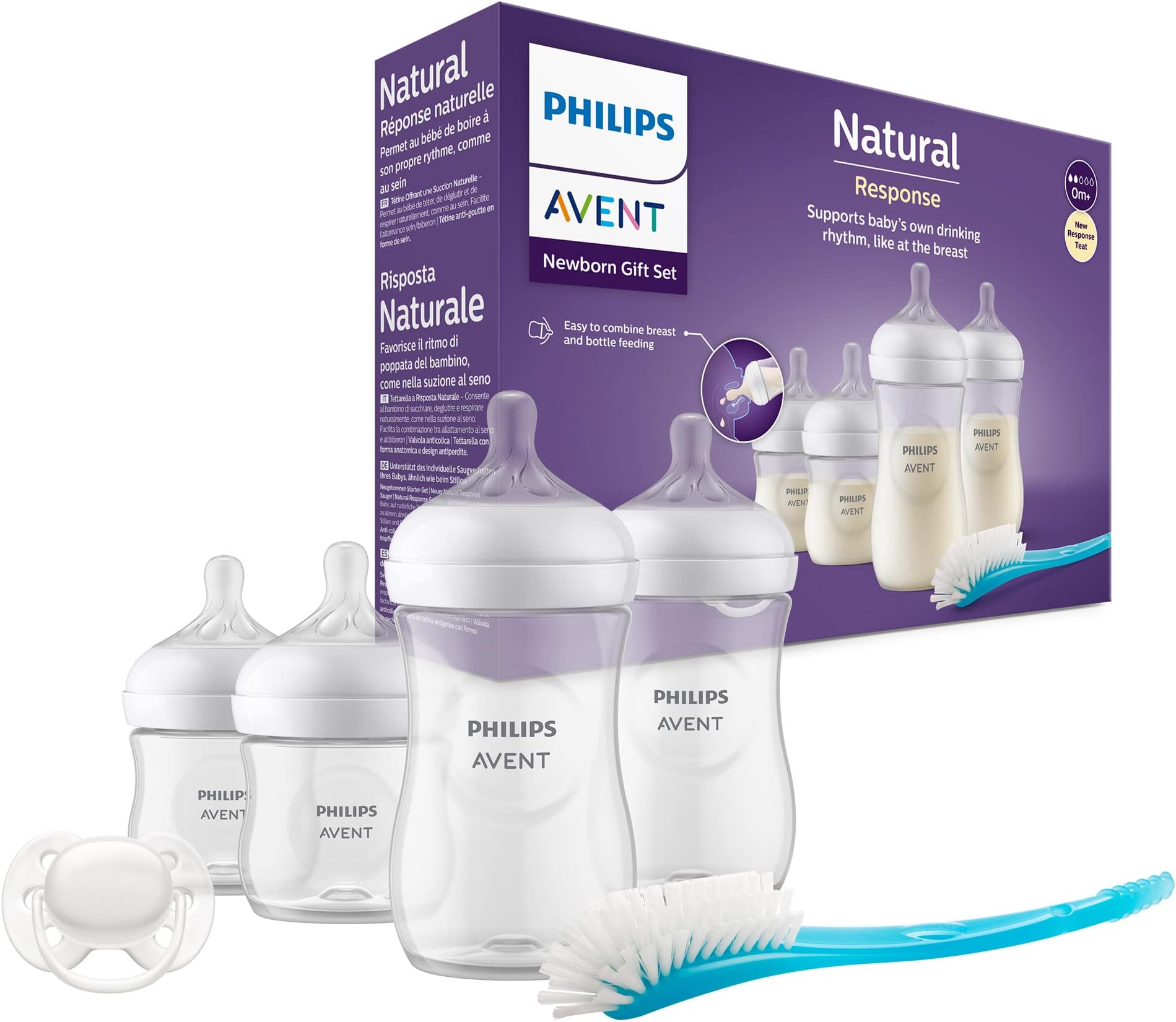 AVENT Philips Baby Bottle, Newborn Gift Box - 4 Baby Bottles, Ultra Soft Pacifier and Bottle Brush, Children Ages 0-12+ Months (Model SCD838/11)