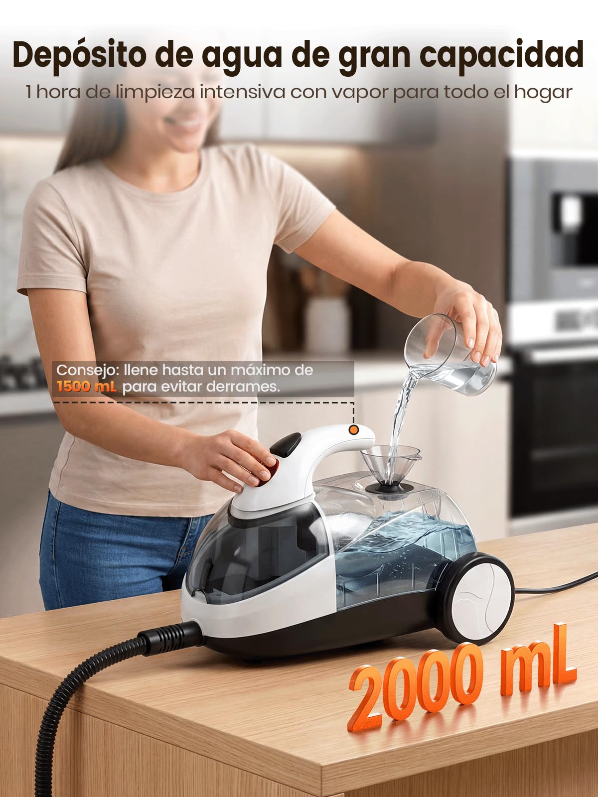 Limpiador de Vapor Portátil 2000W, 16 Accesorios, Blanco perla | Depósito 2L, 135°C Alta Temperatura, 60 Min de Vapor, Alcance 5,3 m, Para Hogar, Juntas, Sofá, Baño y Coche