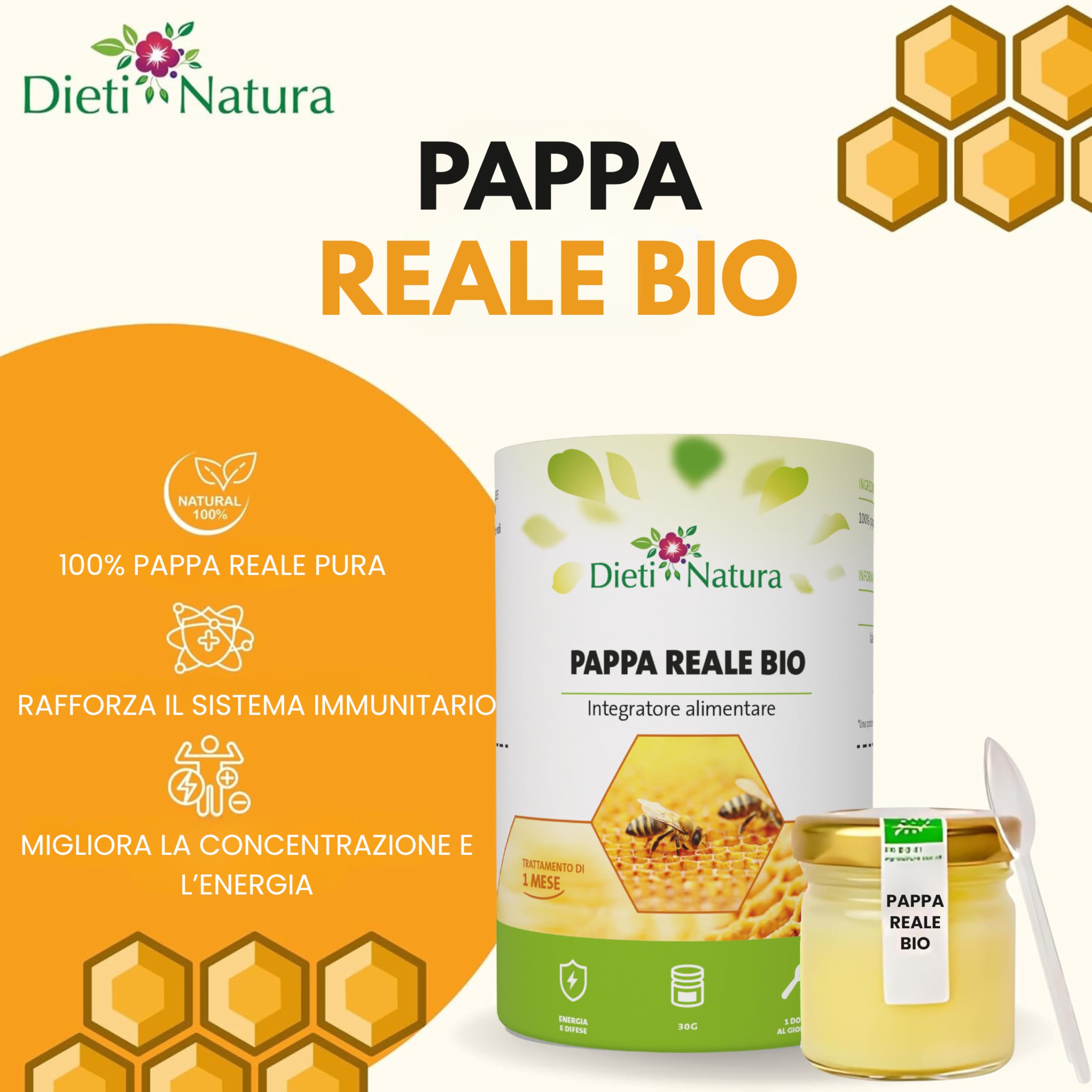 Confezione da 3 vasetti di Pappa Reale Fresca BIO (30 g) – Pappa Reale Pura con Vitamine, Oligoelementi e Minerali per un’Energia Naturale e per le Difese Immunitarie