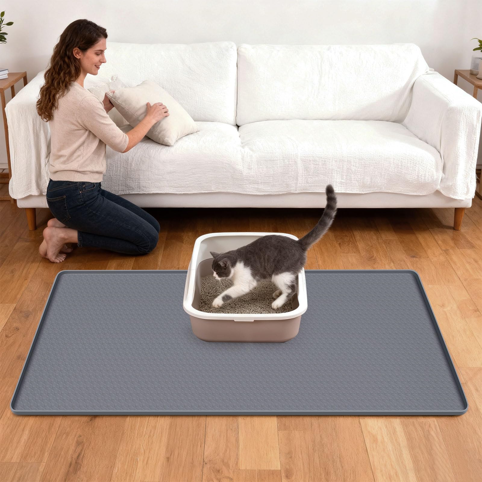 Kalolary - Alfombrilla de silicona extragrande para arena de gatos, 51 x 25.6 pulgadas, alfombrilla de silicona para atrapar el suelo (diamante gris)