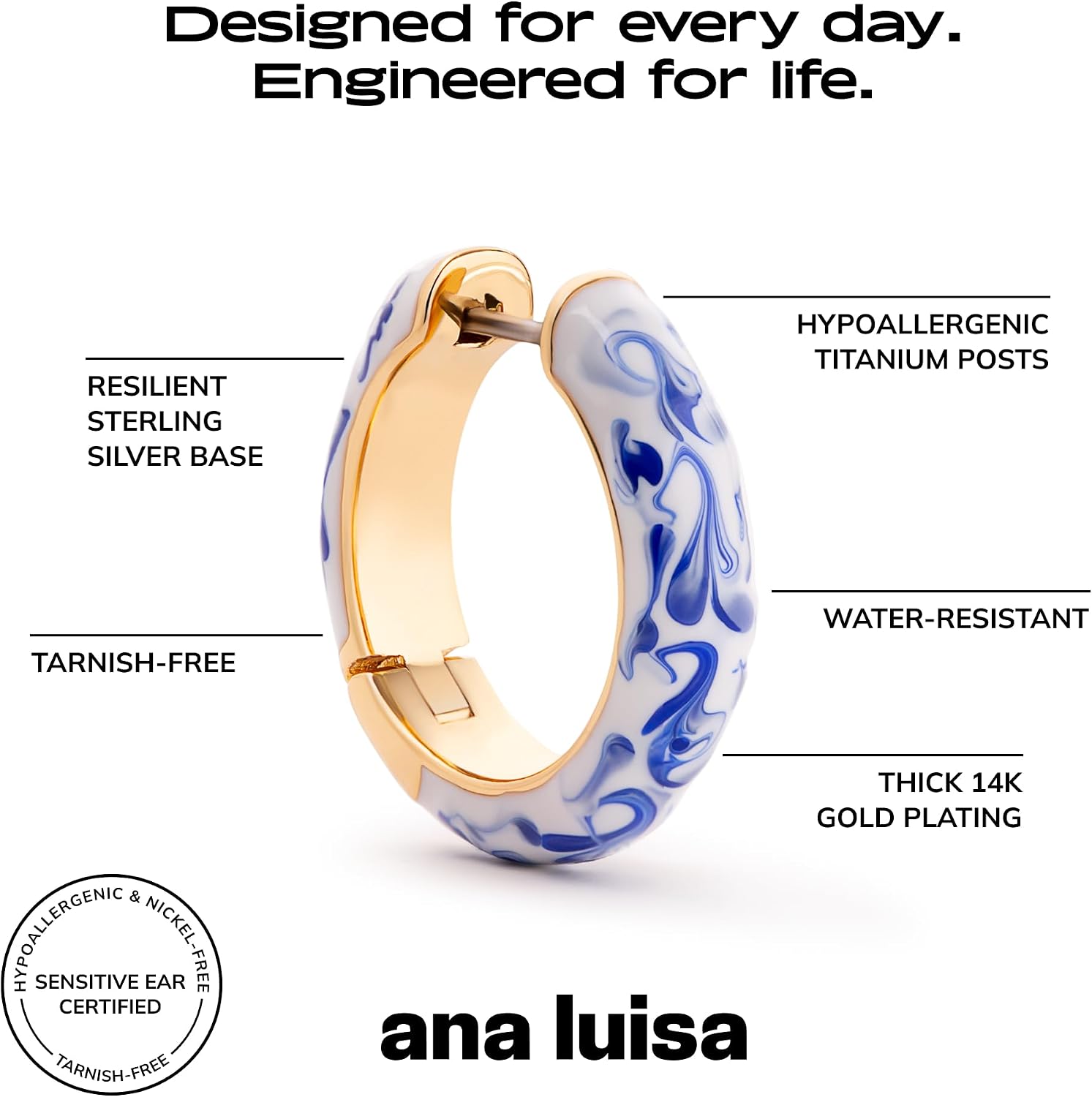 Ana Luisa Giulia Huggie Hoop Earrings for Women - Hypoallergenic Water-Resistant Tarnish-Free Chunky Earrings for Women - 14K Gold Plated & Silver Rhodium Plated Hoops - Small, Medium & Large Size