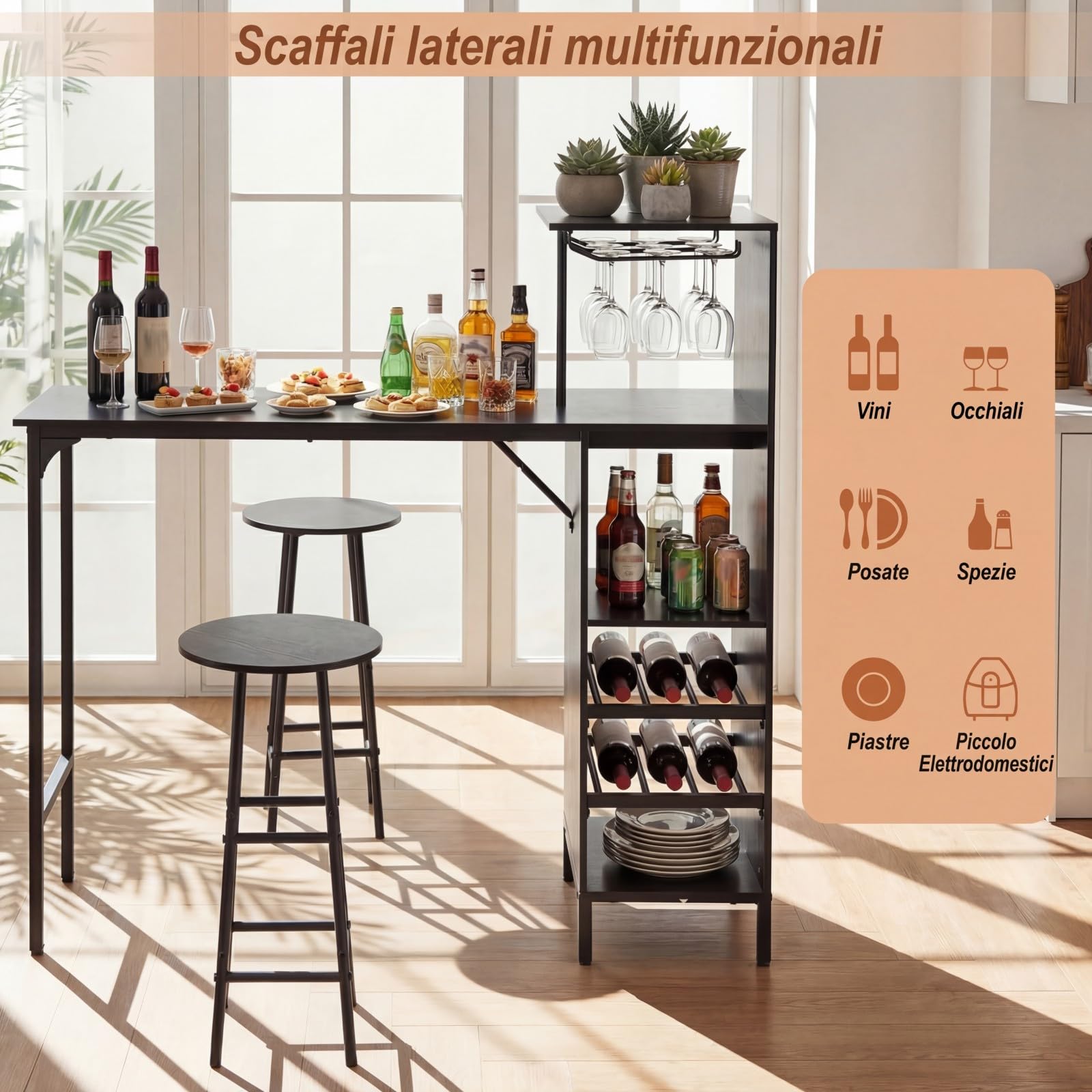 COSTWAY Set 3 Pezzi Tavolo e Sedie da Bar, Tavolo e Sgabelli da Pub Industriale con Porta Calici e 6 Portabottiglie da Vino, Set di Tavolo per Sala da Pranzo, Ristorante e Bar (Nero)