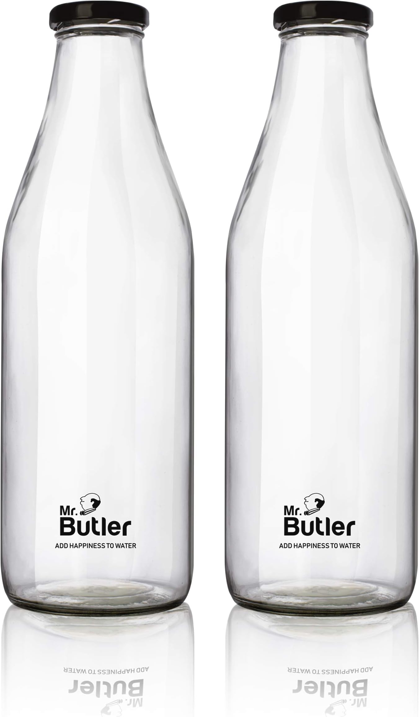 Mr. Butler Water, Milk, Juice Glass Bottle 1000ml - 2 Pack, with Extra caps