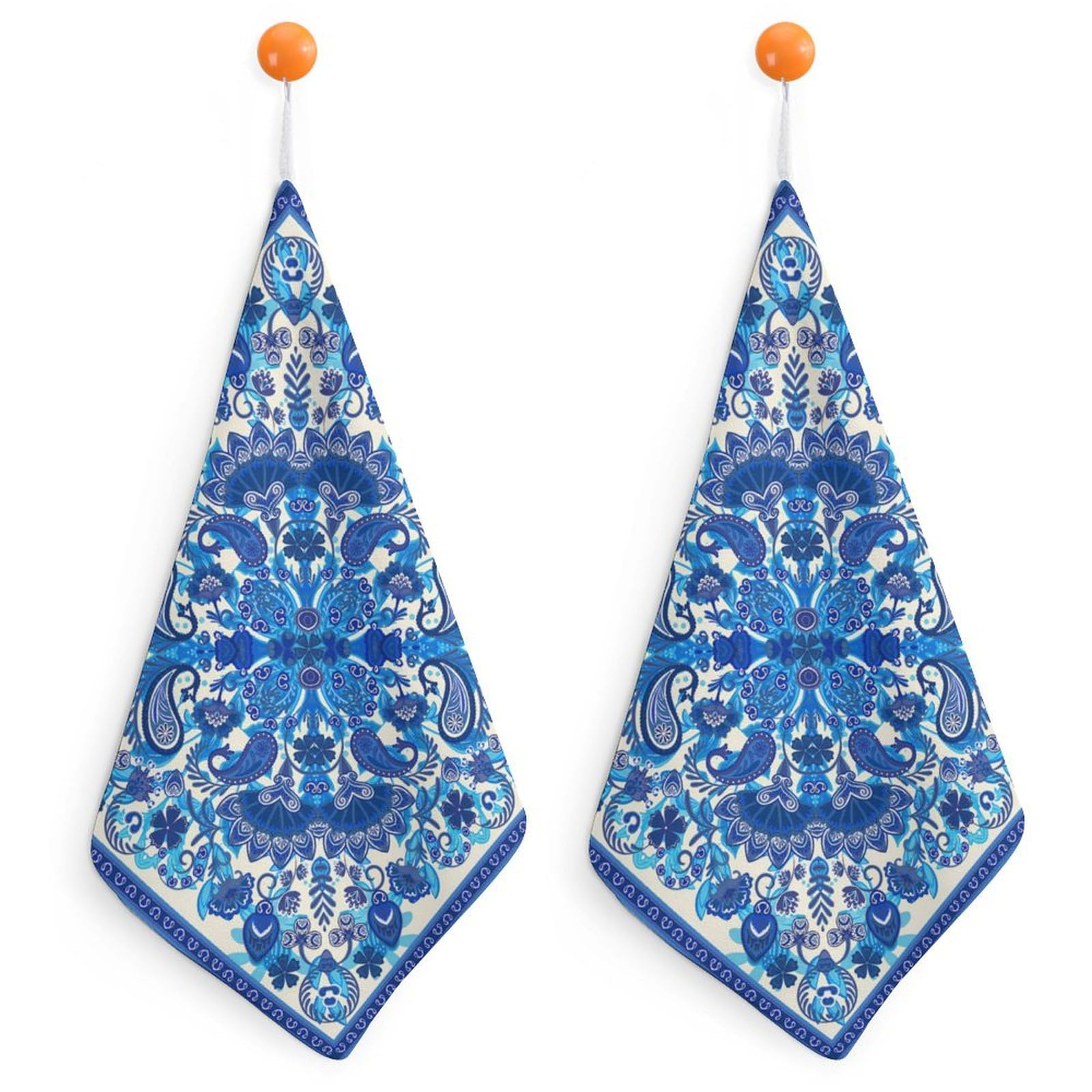 Kojxou Vintage Blue Floral Bandana Print Hand Towels for Bathroom 2 Pack Soft Absorbent Kitchen Dish Towels with Hanging Rope Gym Spa Square