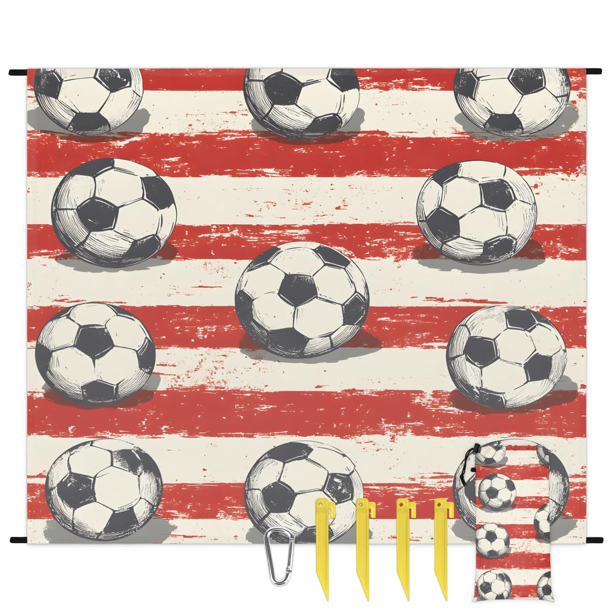 Eabrults Waterproof Sandproof Beach Blanket, 59''×68'' Sports Stripe Polyester Outdoor Picnic Blanket with 4 Stakes & Storage Bag for Beach,Camping,Vacation Football