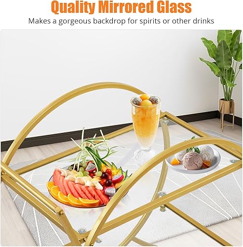 Miniatura 5 de Towallmark Carrito de bar dorado, carrito de servicio de bar en casa de 2 niveles con ruedas bloqueables y estantes de vidrio templado, carrito de