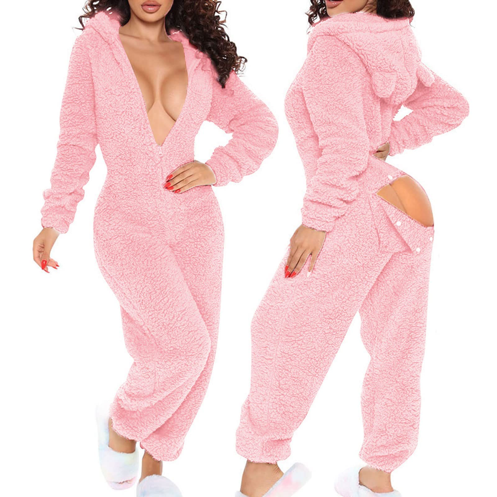 Damen Sexy Onesie Pyjamas Butt Button Back Flap Jumpsuit Sherpa Strampler Nachtwäsche One Piece Zipper Bodycon Cute Ear Hood