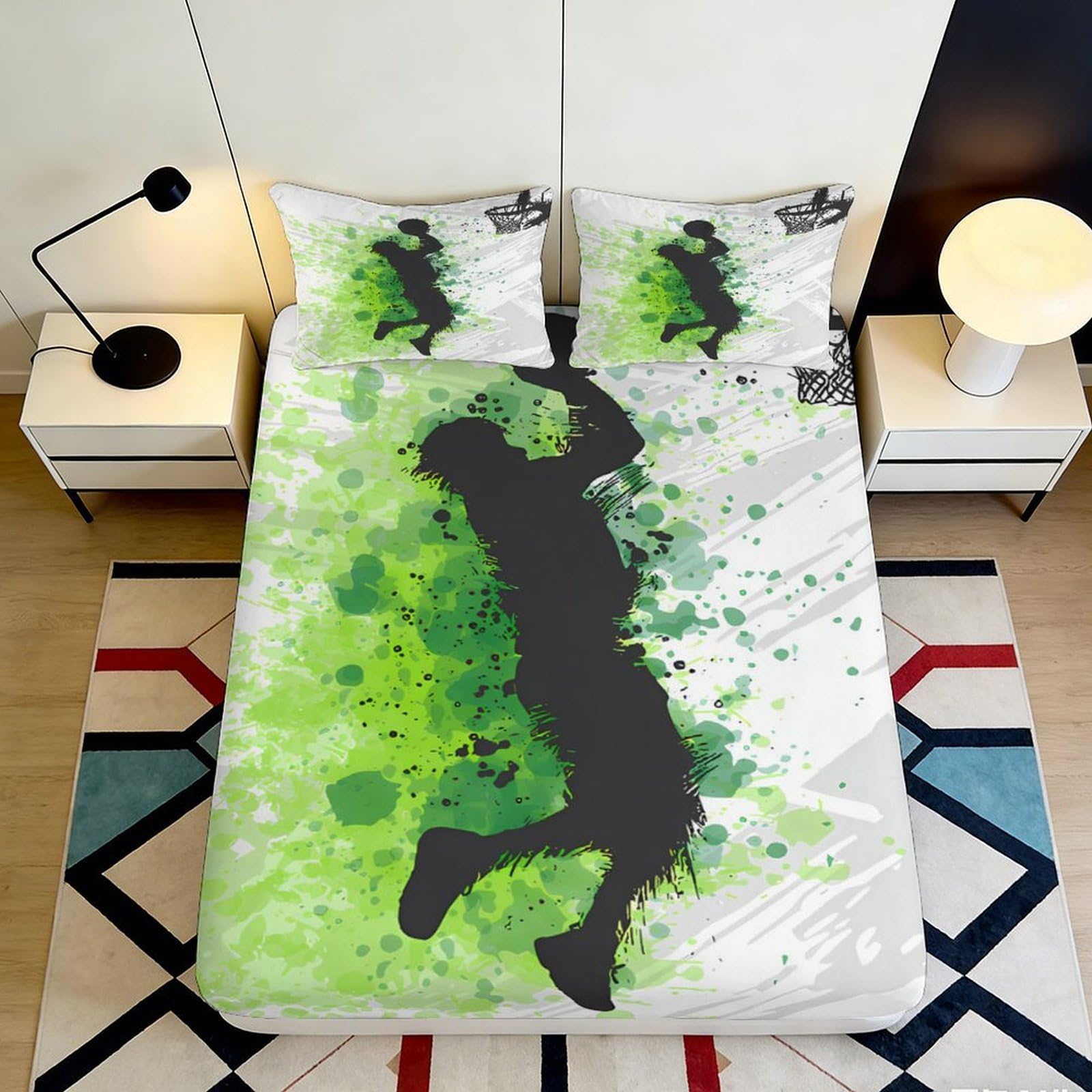 3D Printed Basketball Player Fitted Sheet Microfiber Soft Breathable Sports Silhouette Bed Cover for Bedroom Dormitory Guest Room Mattress Protection Decor 120x200x25cm