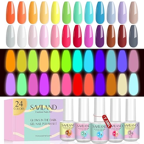 SAVILAND - Juego de esmaltes de uñas que brillan en la oscuridad 24 colores navideños luminosos Esmalte en gel U V neón de secado rápido Efecto de
