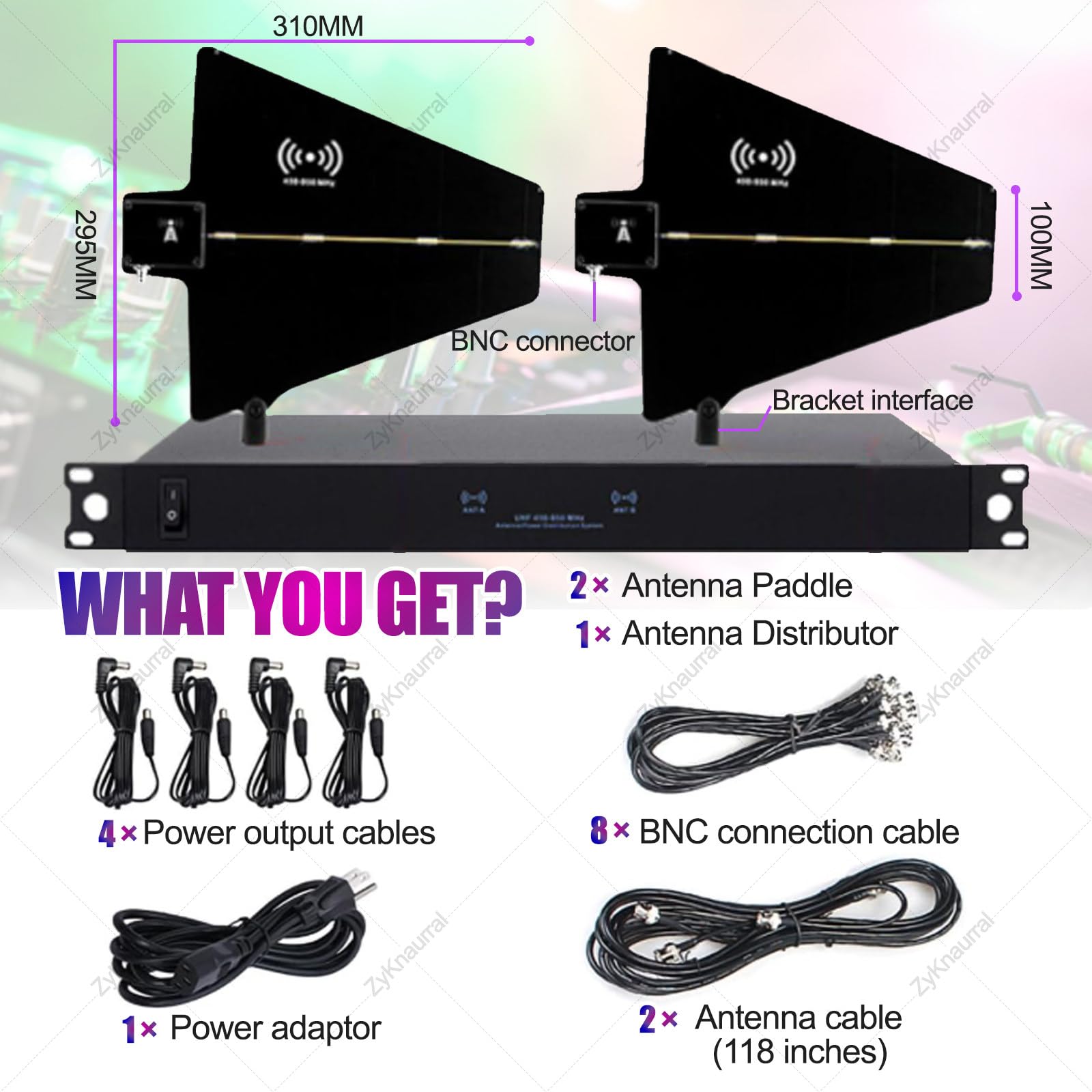 Sistema di distribuzione di antenne wireless a 8 canali per microfono wireless UHF, antenna attiva a paletta, 8/16 uscite + 2 porte di cascata, amplificatore di segnale per microfono a 16 ingress