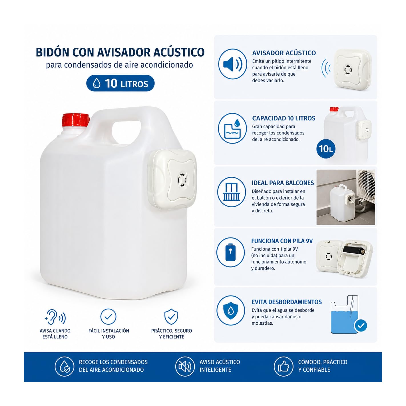 Garrafa de 10L para Condensados de Aire Acondicionado con Avisador Acústico de Llenado - Bidón PVC Resistente con Asa y Alarma de Nivel.