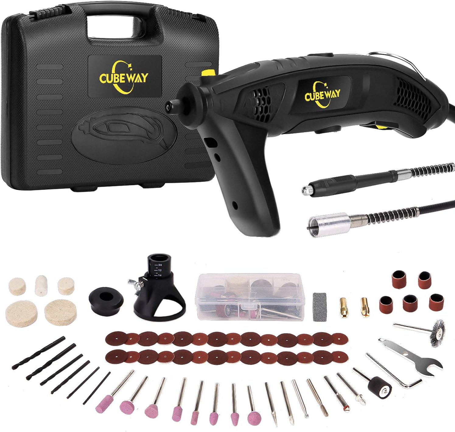 Rotary Tool, 1.5Amp High Power Variable Speed Electric Rotary Tool Kit with Flex Shaft, Cutting Guide, Auxiliary Handle and Carrying Case, 112pcs Accessories for Crafting Projects CUBEWAY