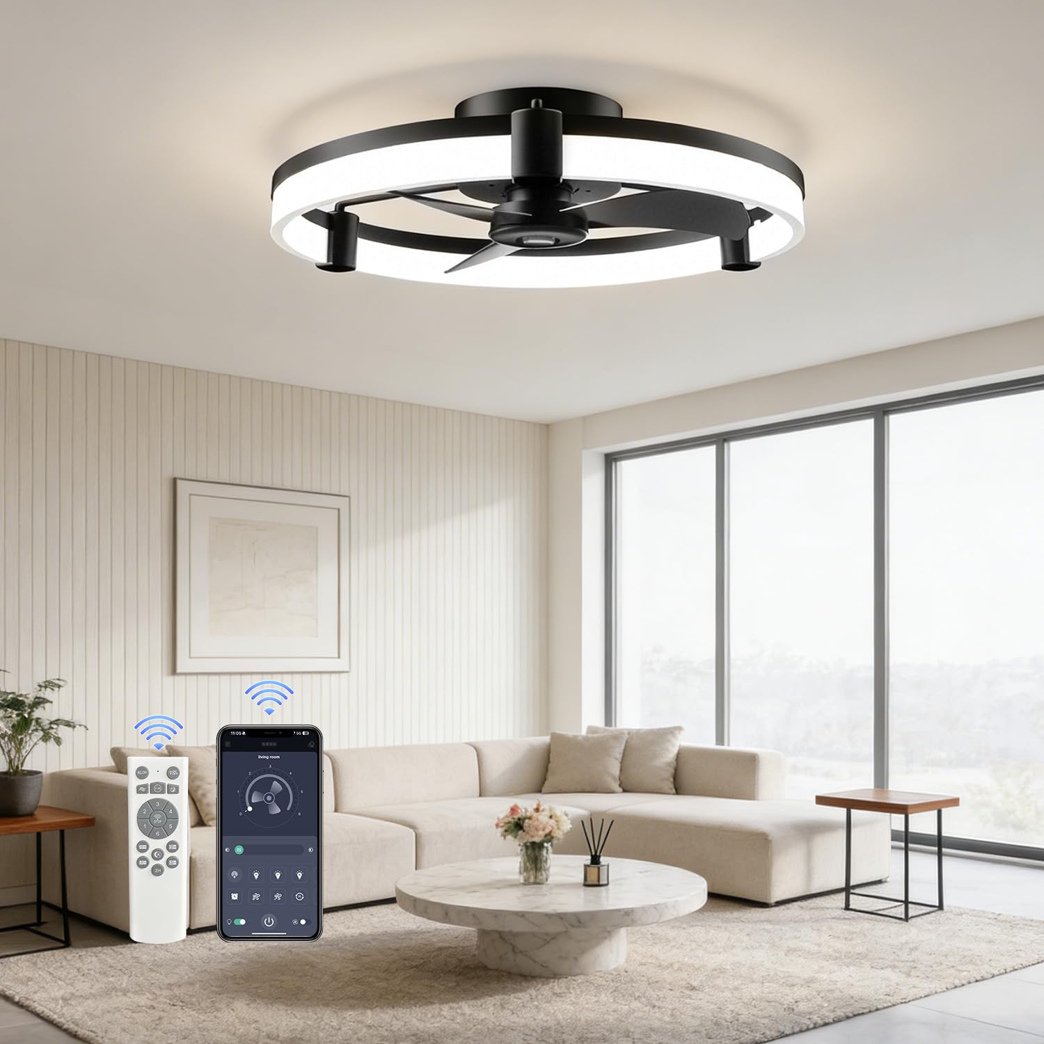 Lysumurl Ceiling Fan with Lights and Remote 50cm, LED Ceiling Fan Light 6 Speed Dimmable 3000K-6500K, Smart App & Remote Control, Flush Mount for Bedroom Living Room Small Room, Black