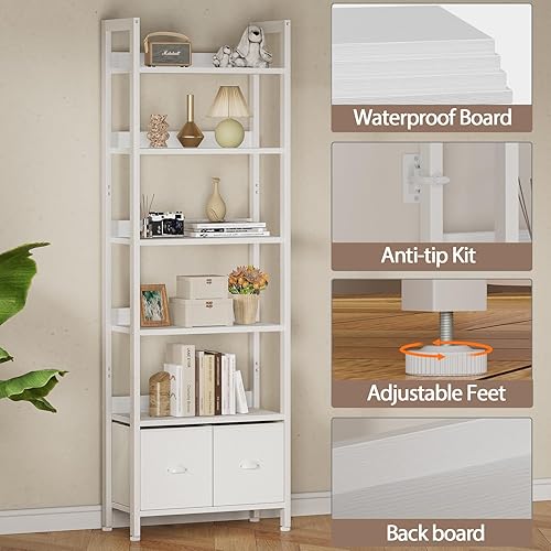 Miniatura 4 de Furologee Estantería blanca de 6 niveles con cajones, estantería alta de 71 pulgadas con estantes, organizador de almacenamiento moderno de madera y