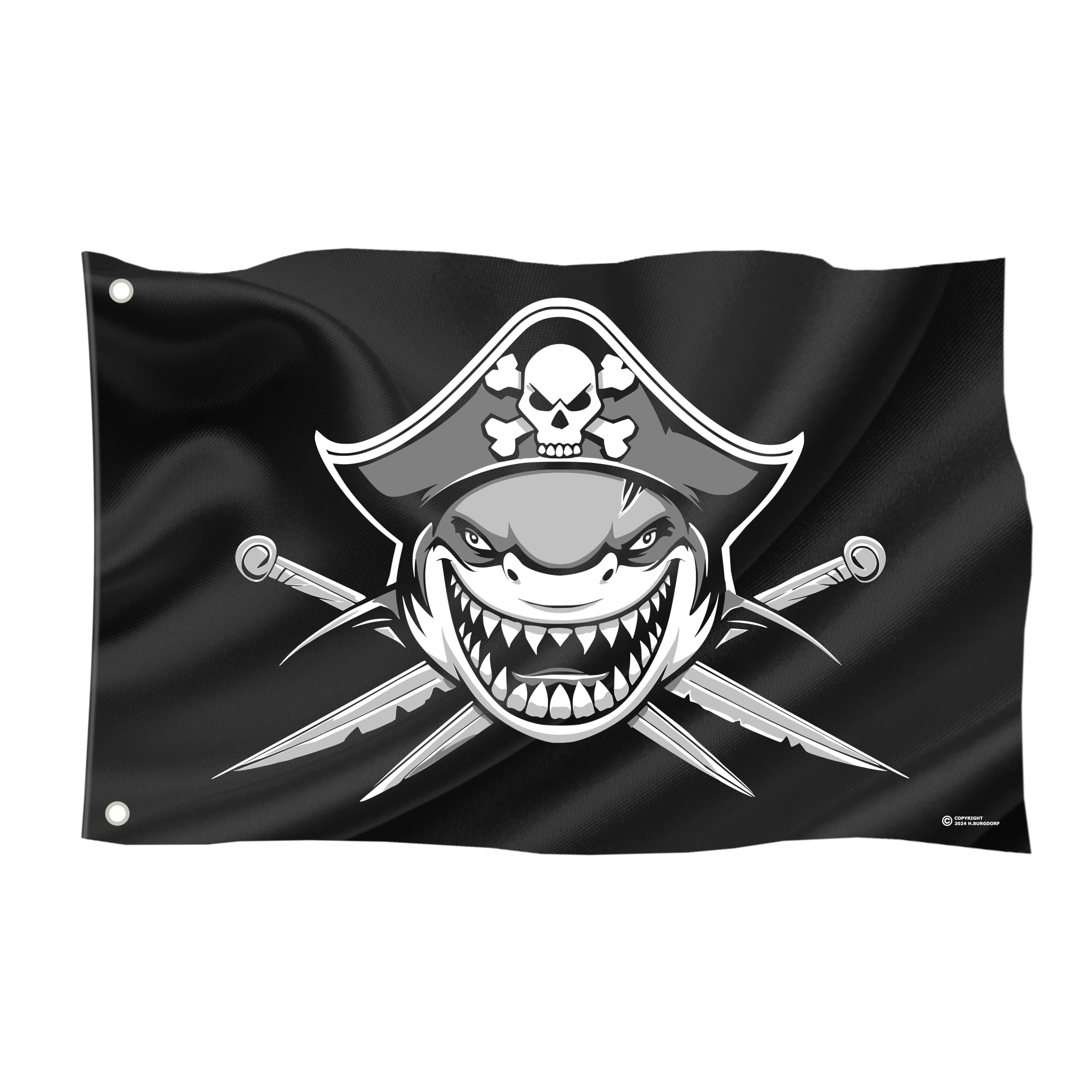 Pirate Flag in Various Sizes, Weatherproof with Eyelets, Outdoor and Indoor, Flag for Flagpole 100% Polyester (Pirate Shark, L)