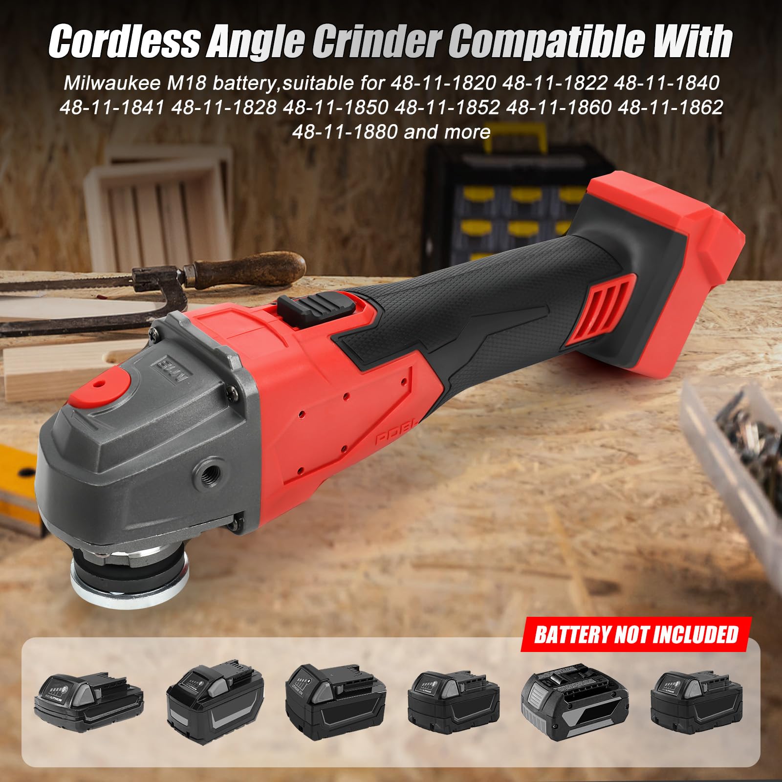 Roadtime Amoladora angular inalámbrica para Milwaukee de 18V (sin batería) | herramienta de molienda sin cepillo de 125mm 12000RPM con eje central de M14 a 5/8"-11, para corte, molienda y pulido