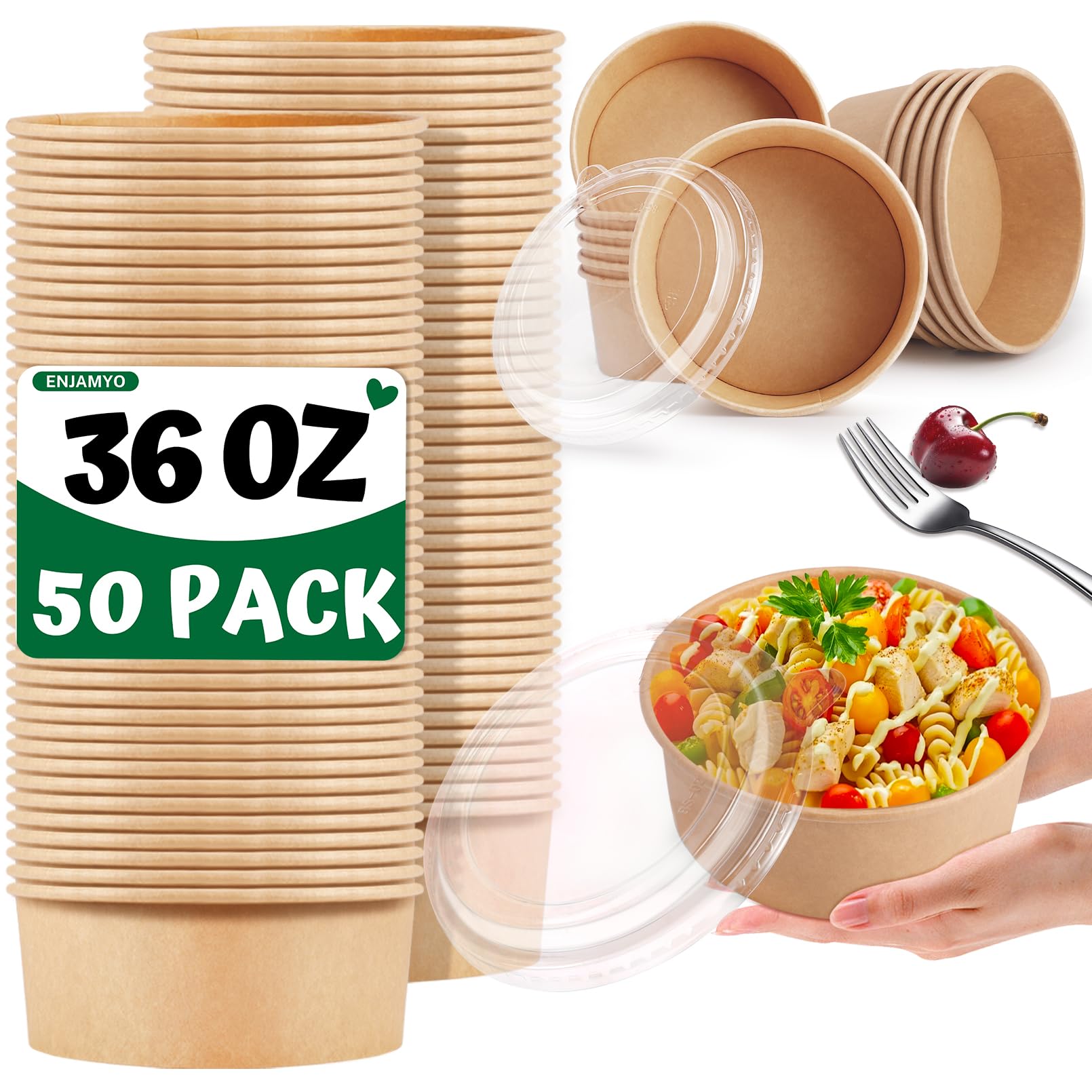 Tazones de papel grandes de 36 onzas con tapas, 50 cuencos desechables a granel, ensalada de papel kraft, cuencos redondos de papel, cuencos resistentes para servir sopa de alimentos