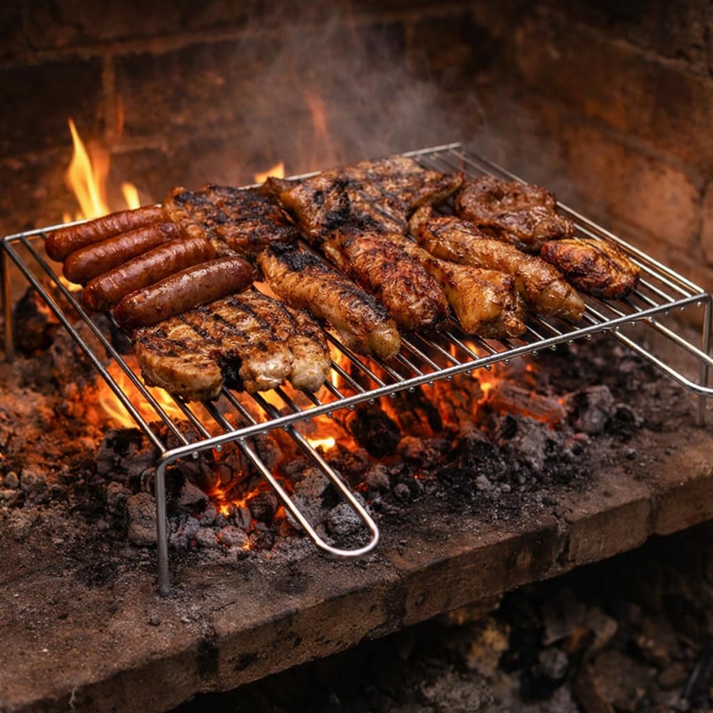 Griglia per Barbecue in Acciaio Cromato con Manici, Graticola per Camino con Piedini, per Carne e Verdure (60x40 cm)