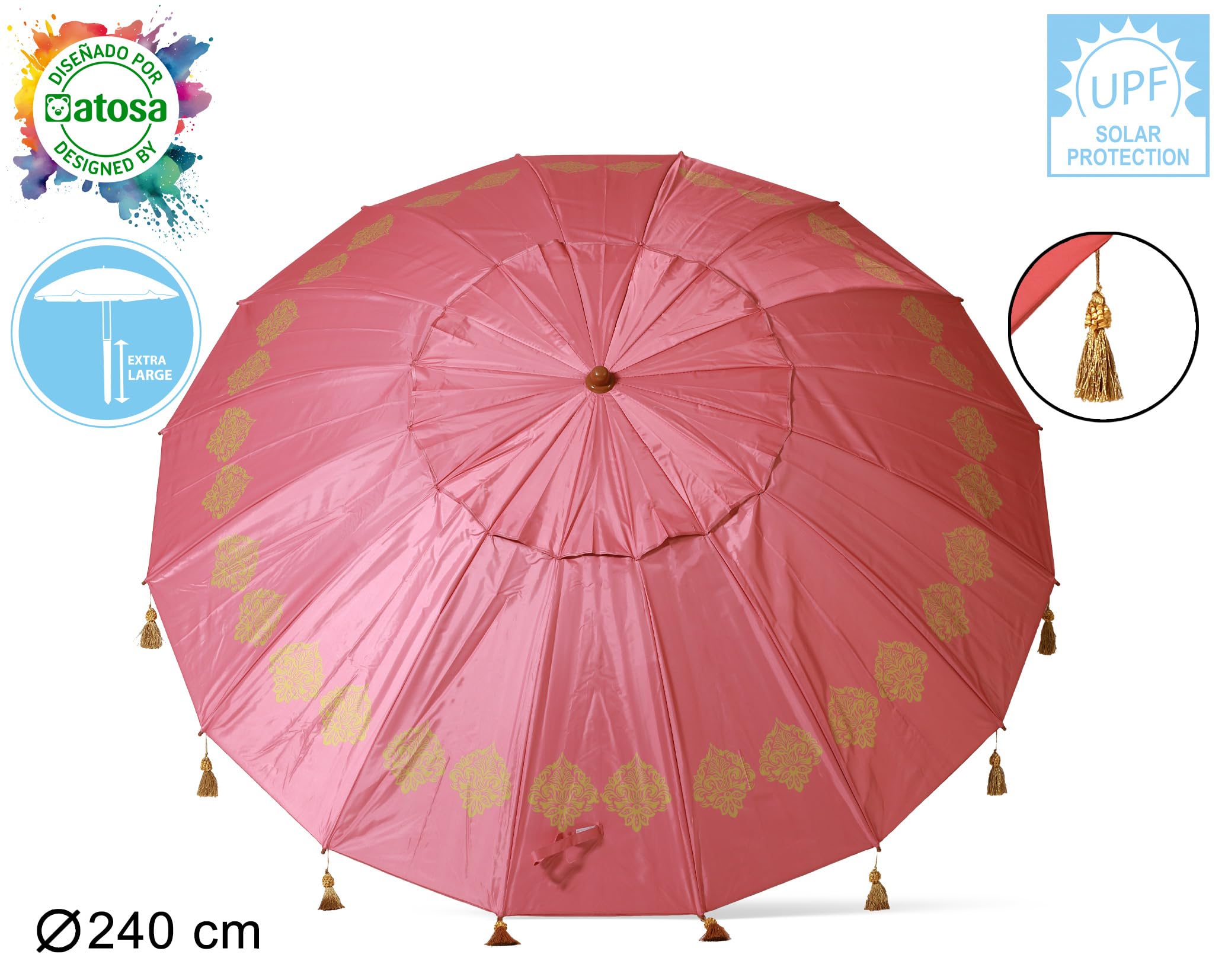 Atosa Strandschirm Ø 180 bis 240 cm aus Aluminium Orientalisches Modell mit Fransen mit LSF 50+, korallenrot, 240 cm, Sonnenblende