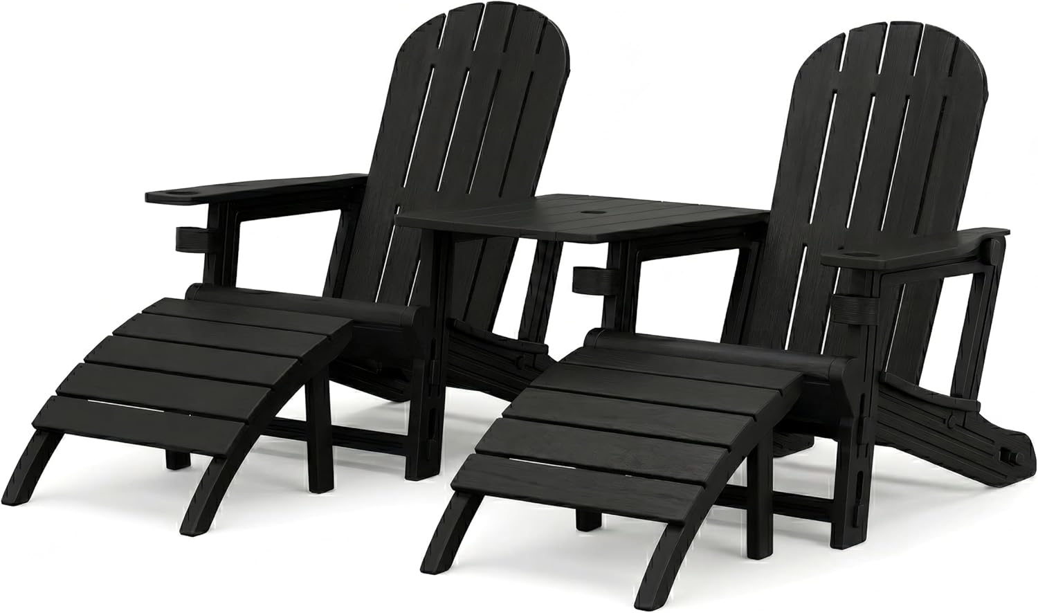 Shintenchi Adirondack Chair Set of 2,HDPE Adirondack Chairs with Umbrella Hole Connecting Tray & 2 Curved Ottoman,Plastic Outdoor Chairs with Cup Holders for Garden Backyard Pool,Black