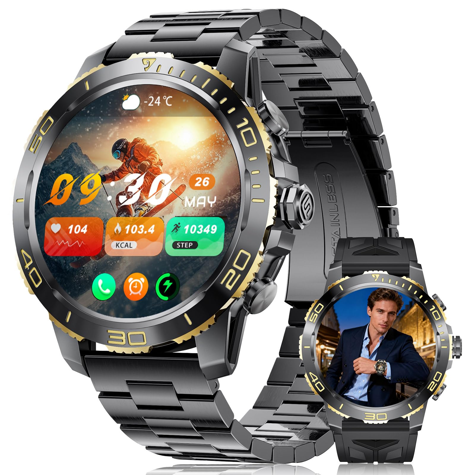 DREMAC Smartwatch Herren mit 800mAh Akku/Telefonfunktion,1.43" Amoled Smart Watch mit Herzfrequenz/Schlafmonitor,IP68 Wasserdicht Fitnessuhr mit 200 Sportmodi,Schlafmonitor für Android iOS,2 Ladekabel