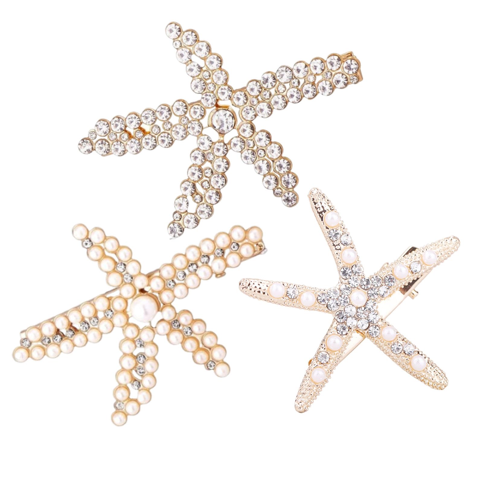 IThreeLuckStarfish Hair Clips, 3 Pcs Gold Rhinestone Pearls Crystal Hair Clips for Women, Gold Hair Clips, Beach Seashell Hair Accessories for Girls Women
