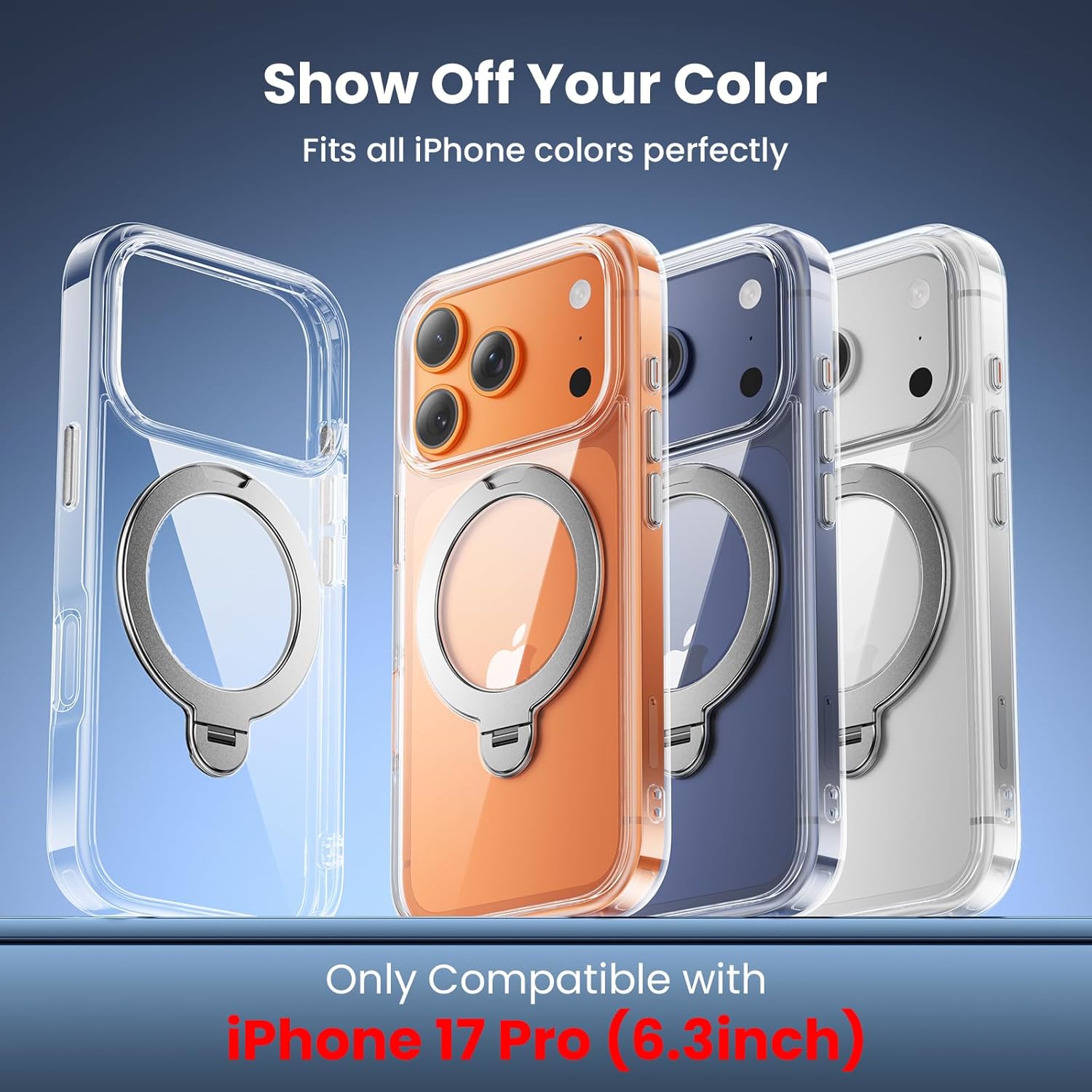 360°Ring Stand for iPhone 17 Pro Case with 1X Screen Protector +1X Camera Cover,Fit for MagSafe, Anti-Yellowing & Scratch-Resistant Back Phone Case for iPhone 17 Pro 6.3", Clear - Image 2