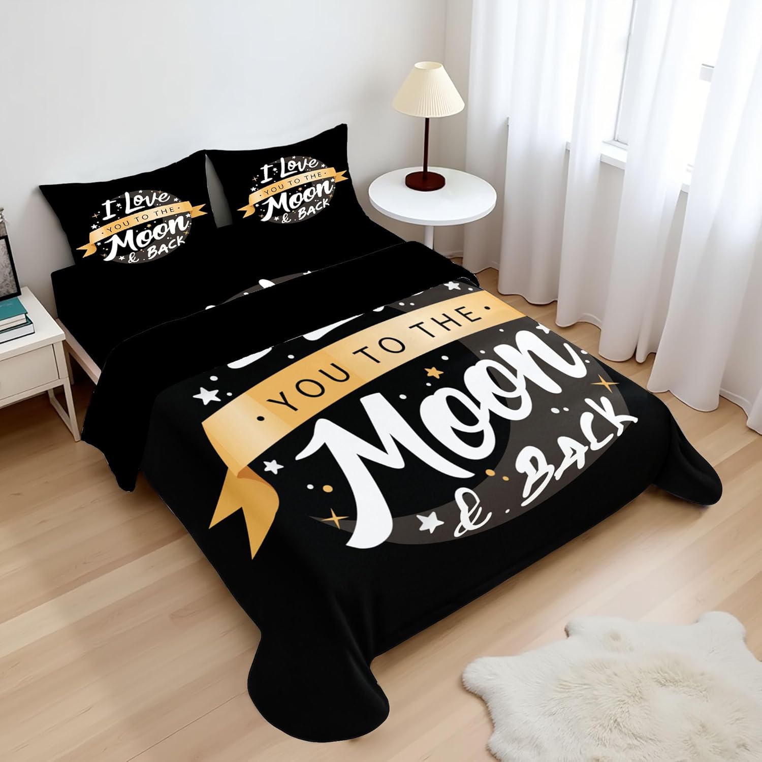 Ambesonne Lettering Sheet Set, I Love You to The Moon and Back Romantic Saying Typography Style, Fitted and Flat Sheet with Pillowcases Bedding Accent 4 Piece Set, Queen, Charcoal Grey Sand Brown