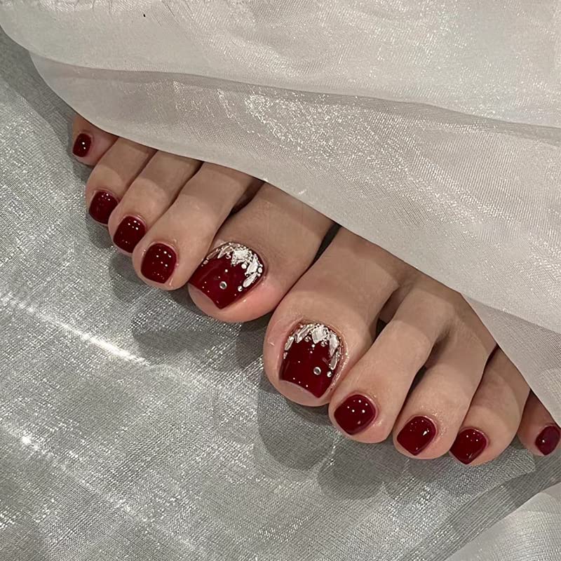 Miniatura 3 de EALGA-F-036 - Uñas postizas cuadradas con diamantes de imitación gruesos, uñas postizas rojas, uñas rojas brillantes a presión en los dedos, 12