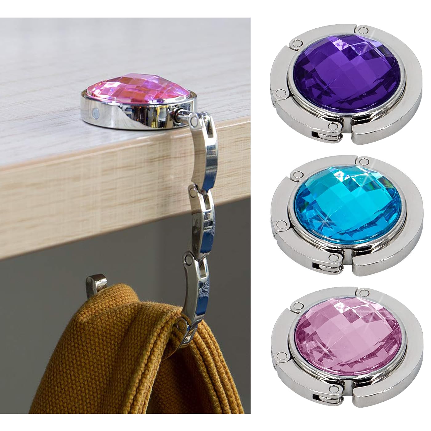 STORE 2508 Set of 3 Foldable Purse Hooks for Table – Handbag Hanger with Crystal Top – Portable, Non-Slip, Compact Bag Holder for Desk (Pink, Blue, Purple)