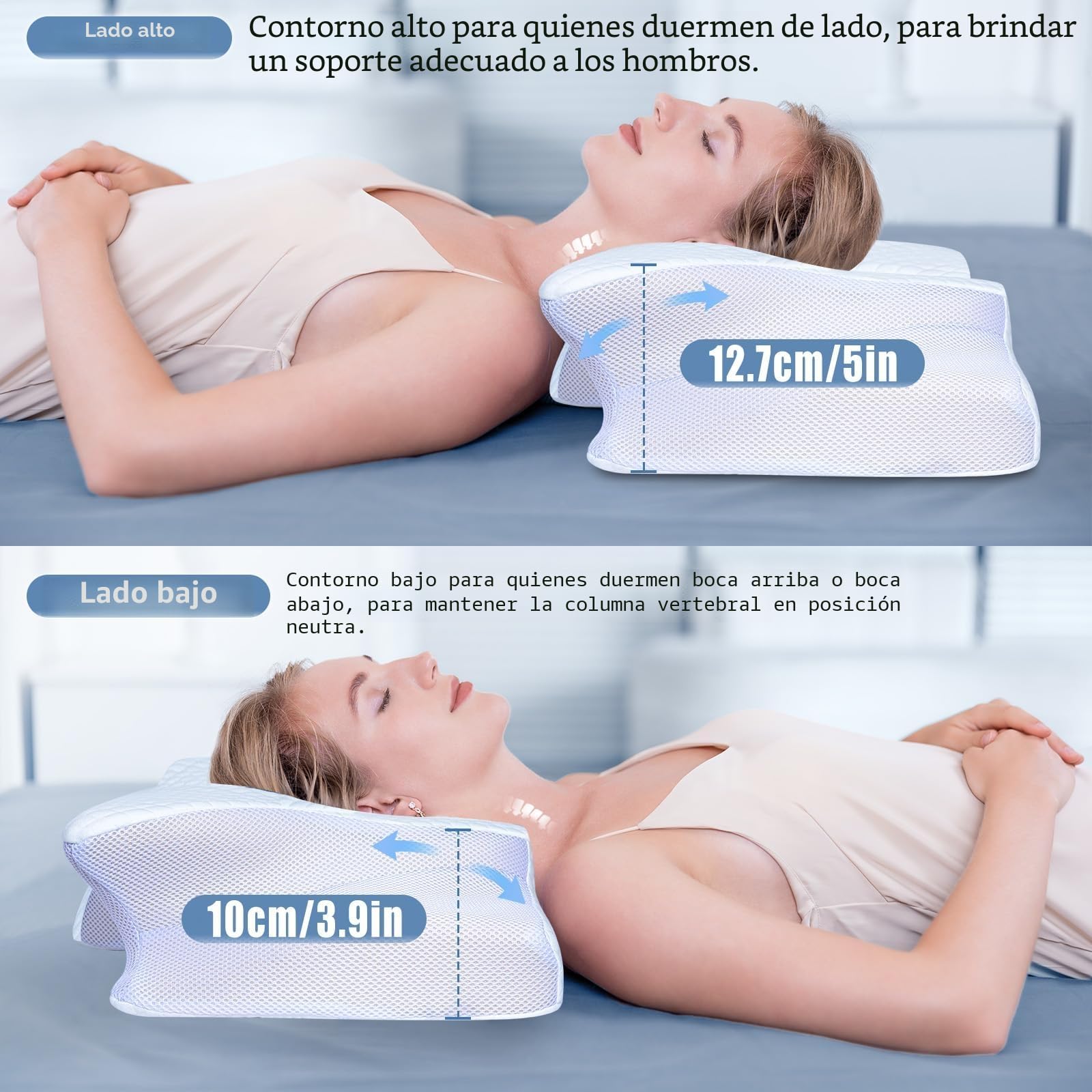 SAHEYER Almohada Cervical y Cuello, 2 en 1 Almohada Ergonómica Espuma Viscoelástica de Cabeza Cuello Hombro, Almohada Mariposa para Dormir de Lado, Boca Arriba y Boca Abajo, 60x35,5x13/10 cm, Blanco